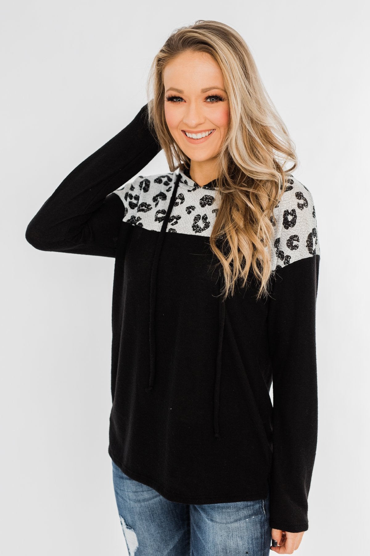 Slay All Day Leopard Drawstring Hoodie- Black & Heather Grey
