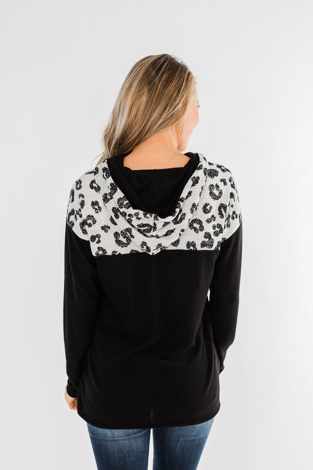 Slay All Day Leopard Drawstring Hoodie- Black & Heather Grey