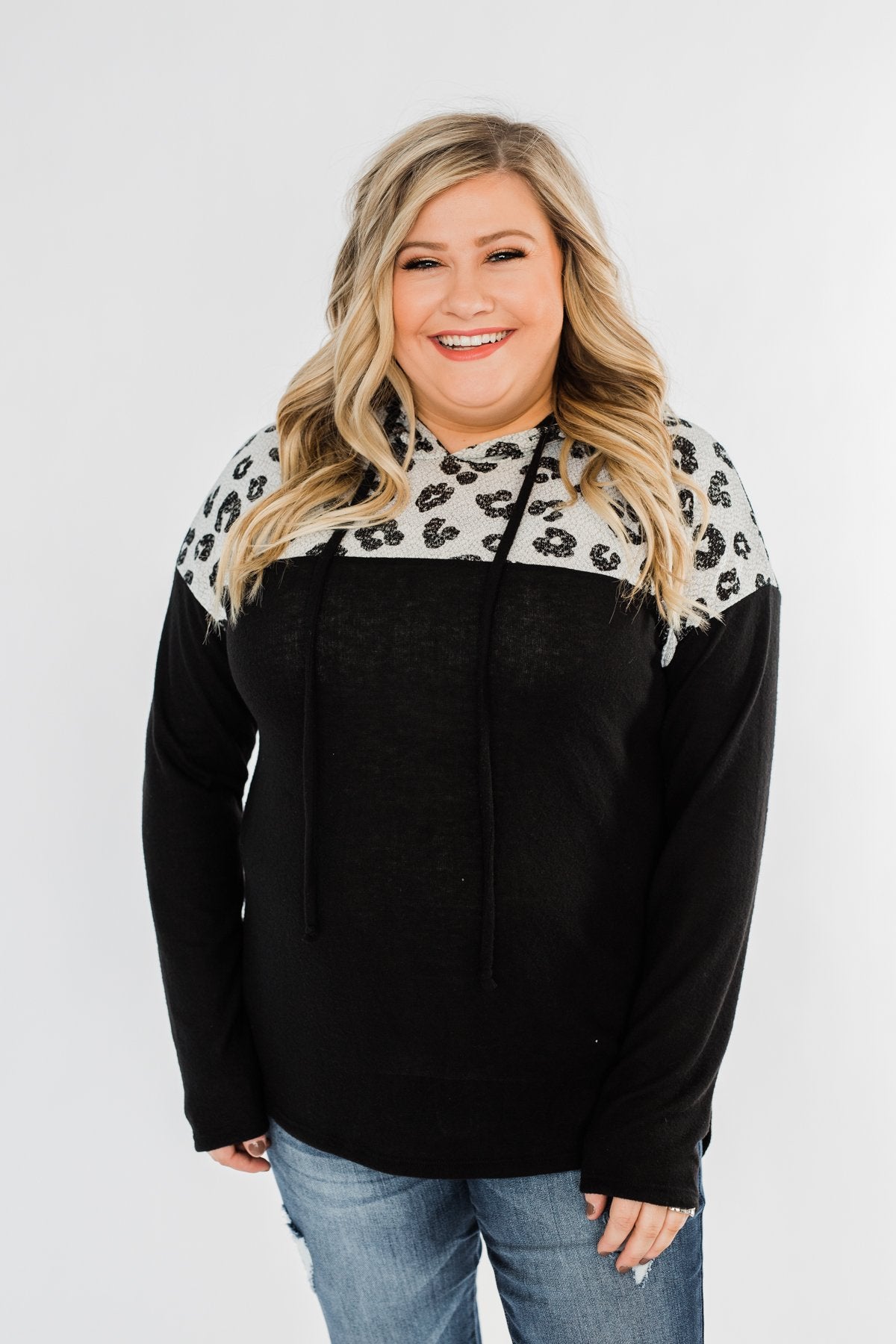 Slay All Day Leopard Drawstring Hoodie- Black & Heather Grey