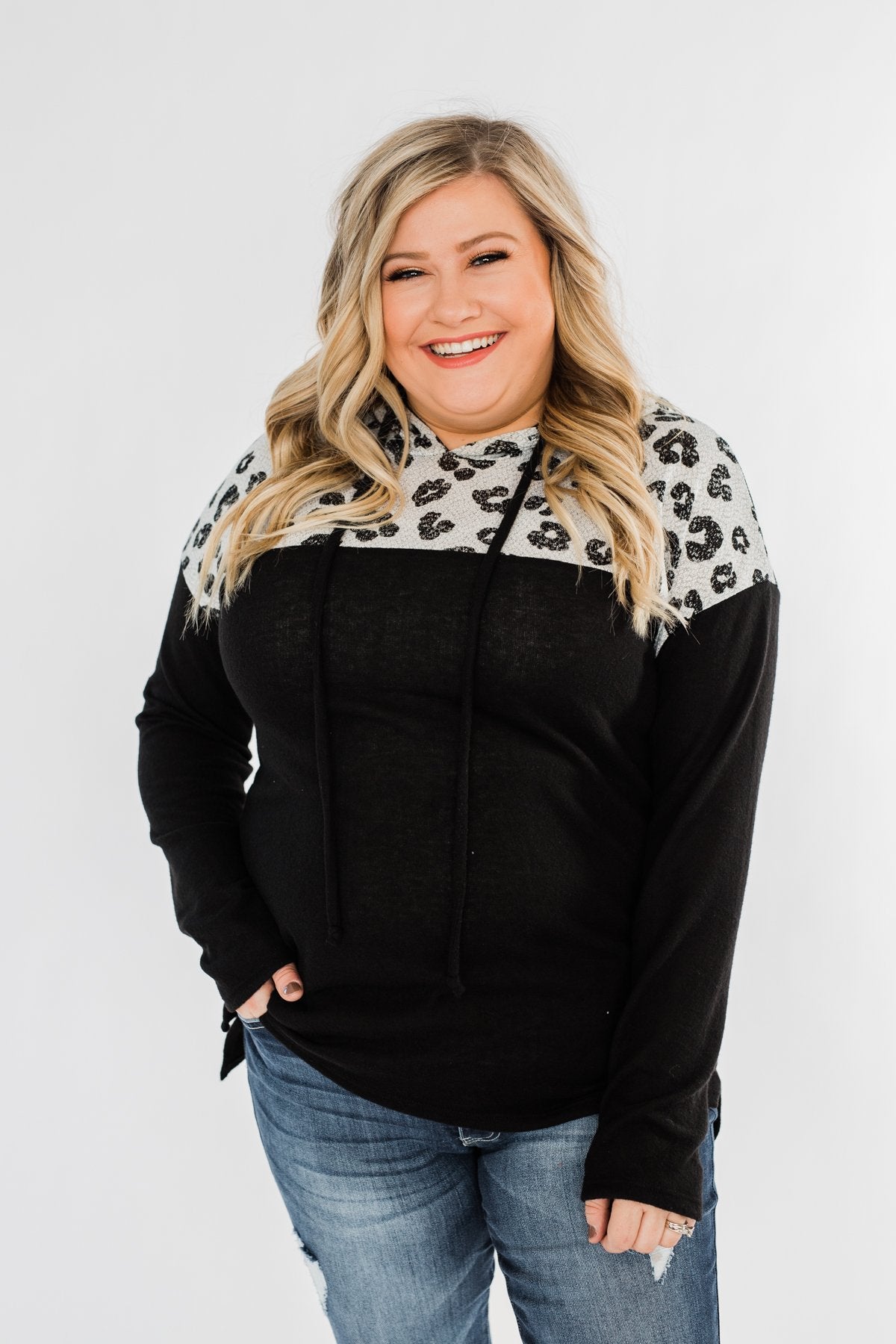 Slay All Day Leopard Drawstring Hoodie- Black & Heather Grey