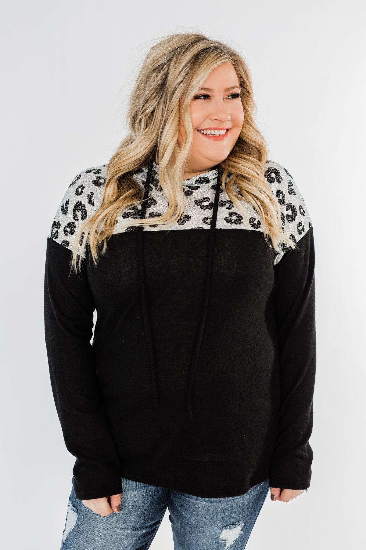 Slay All Day Leopard Drawstring Hoodie- Black & Heather Grey