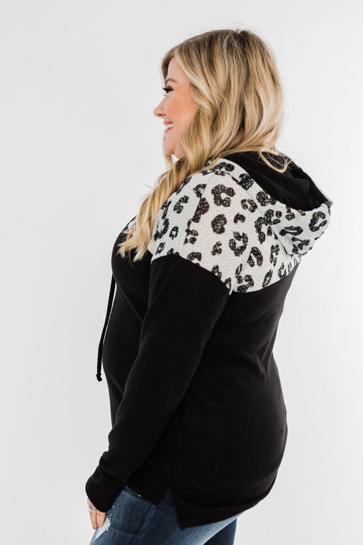 Slay All Day Leopard Drawstring Hoodie- Black & Heather Grey