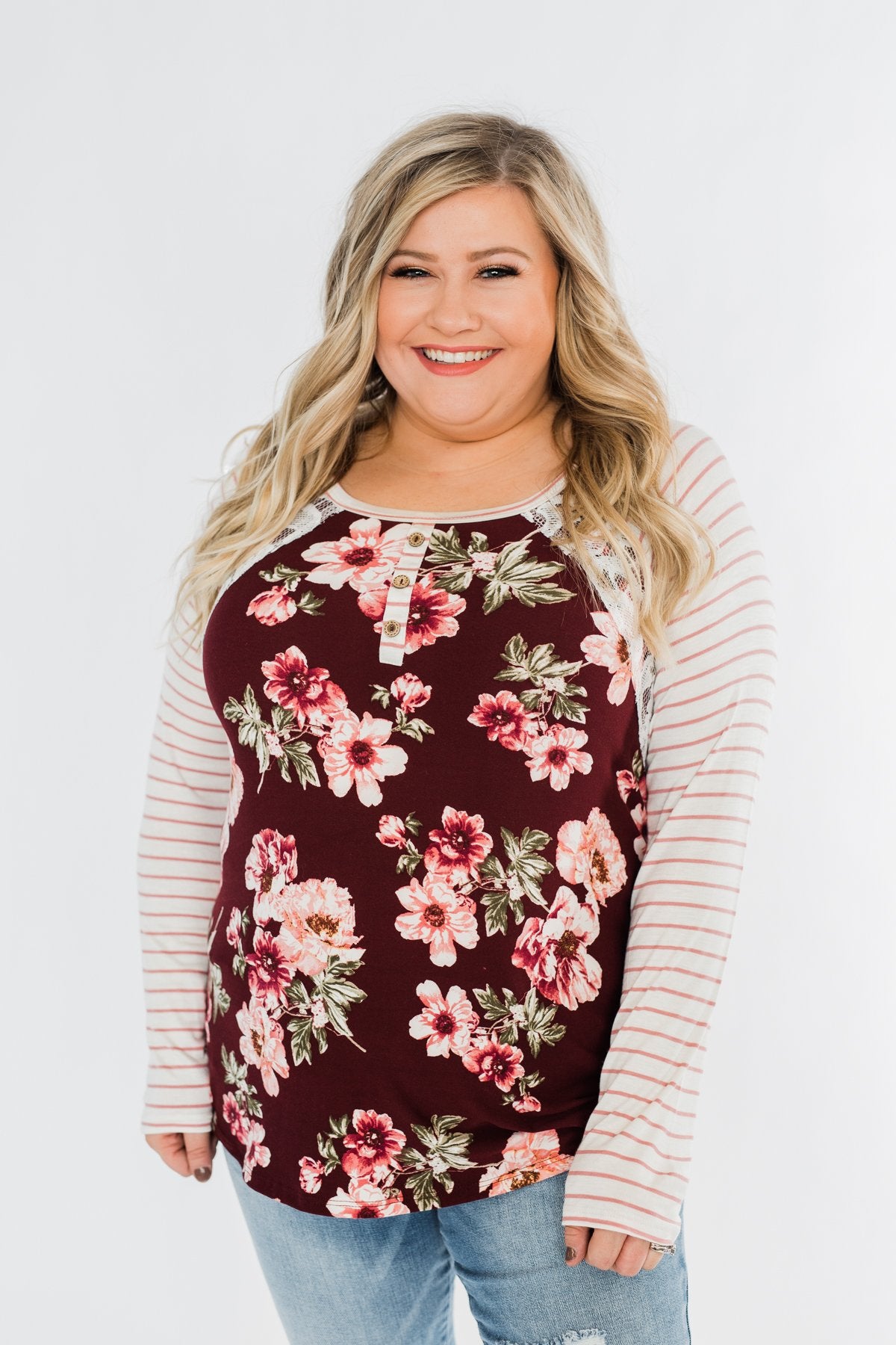 Everything You Need Floral Striped Top- Maroon & Ivory