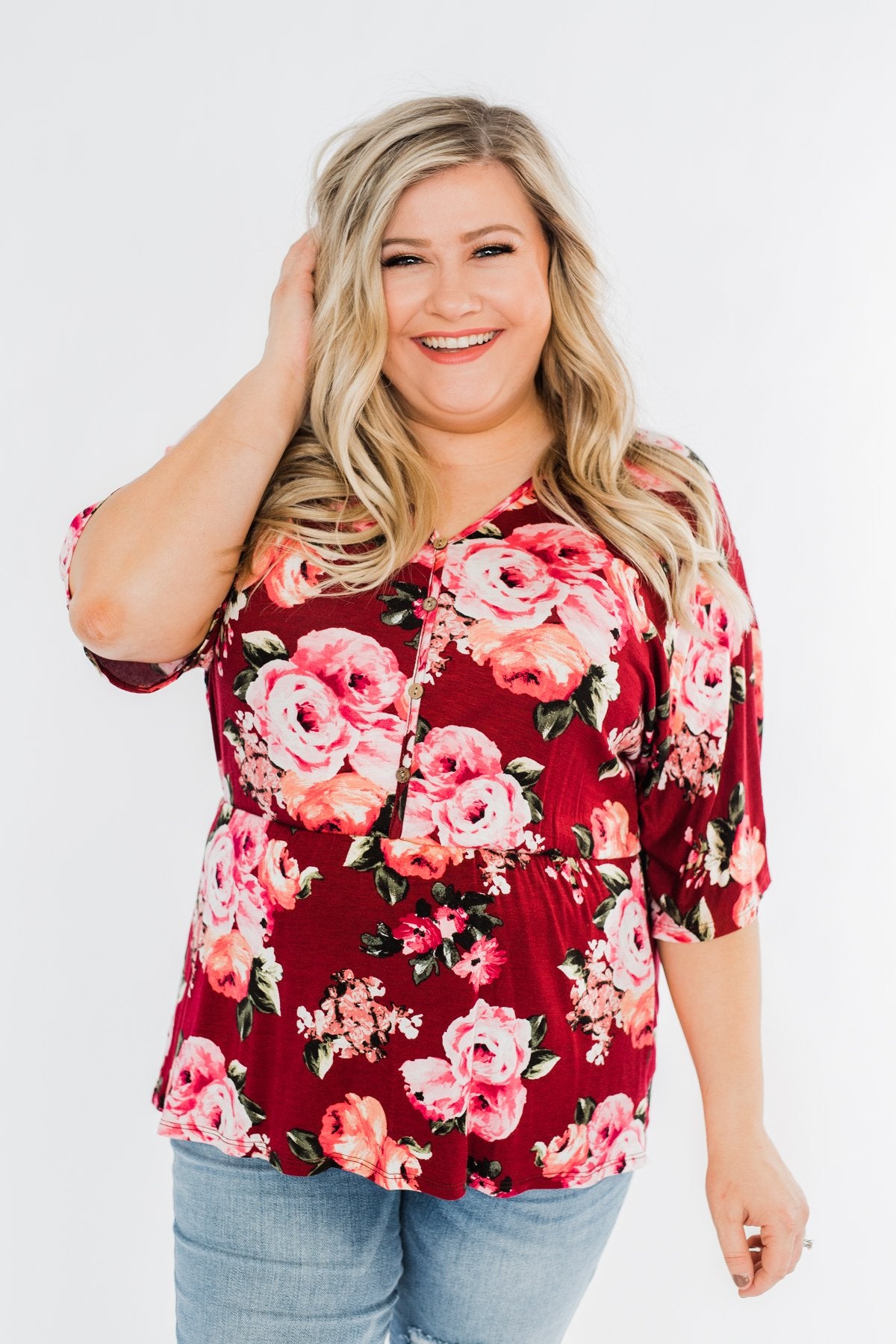 The Way To My Heart Floral Button Top- Burgundy