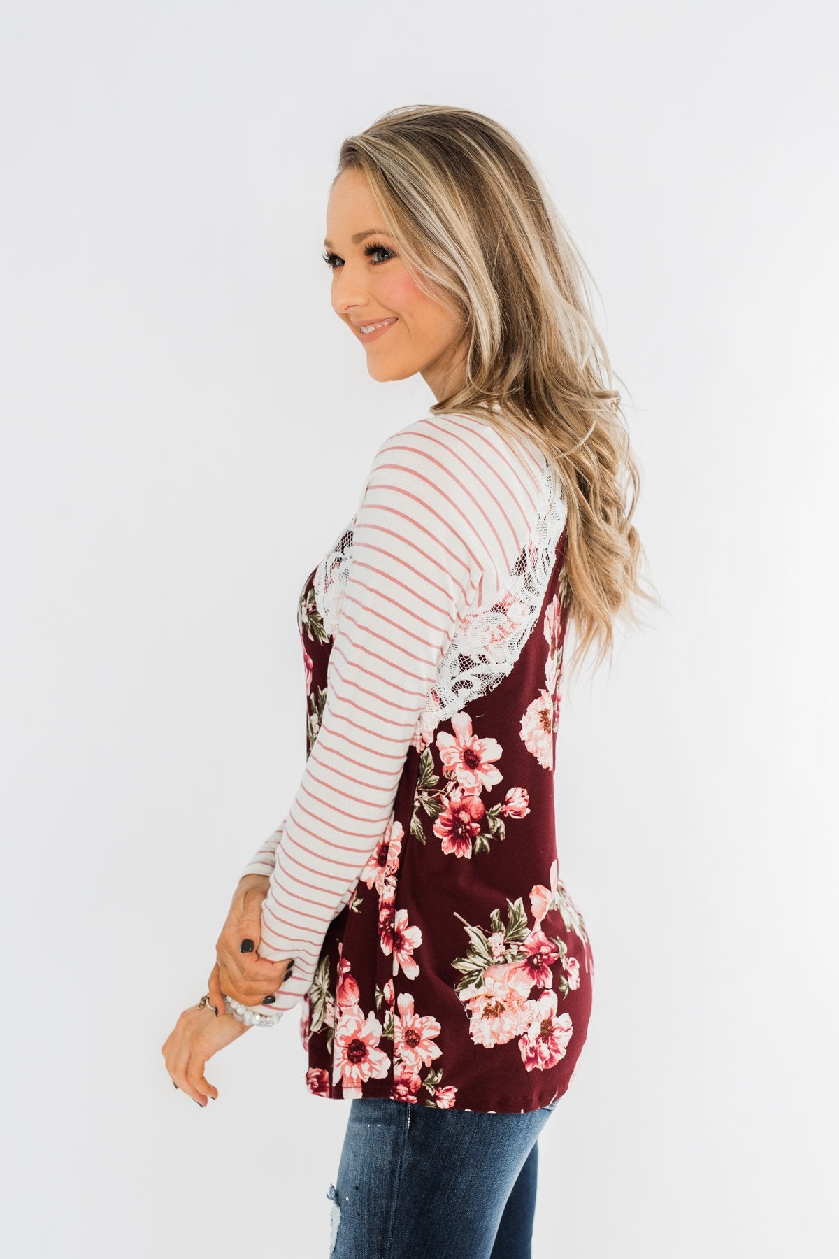 Everything You Need Floral Striped Top- Maroon & Ivory