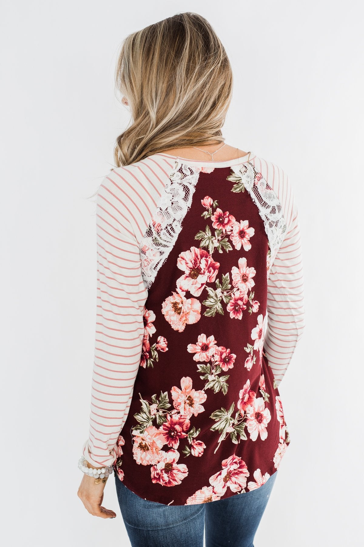 Everything You Need Floral Striped Top- Maroon & Ivory