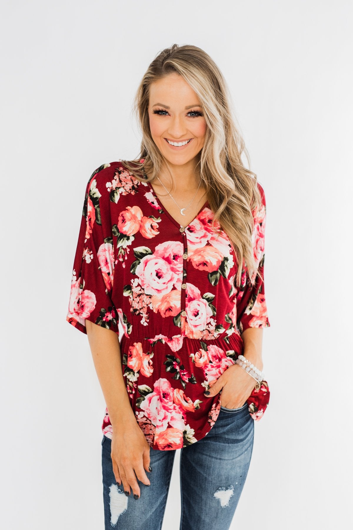 The Way To My Heart Floral Button Top- Burgundy