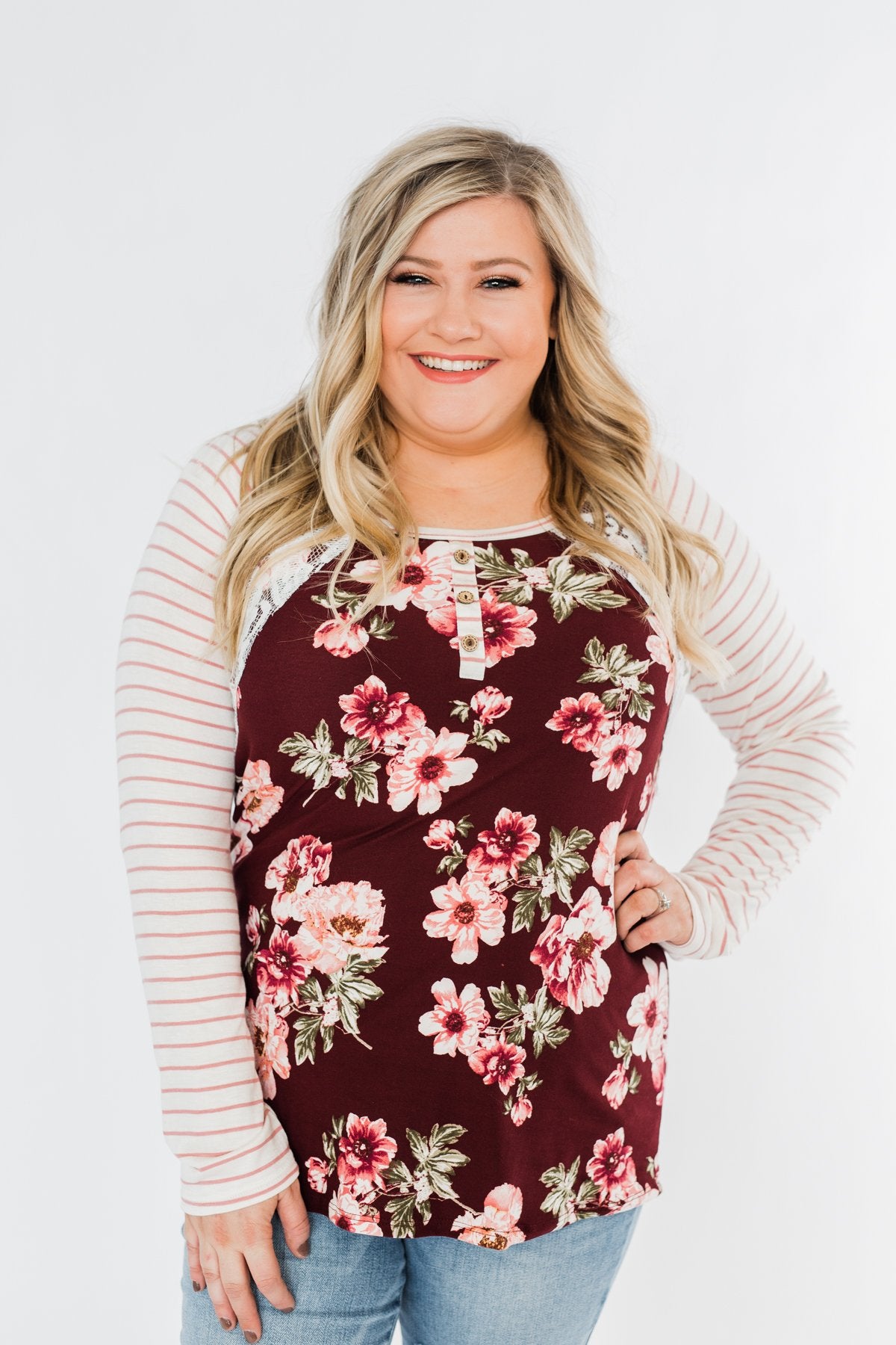 Everything You Need Floral Striped Top- Maroon & Ivory