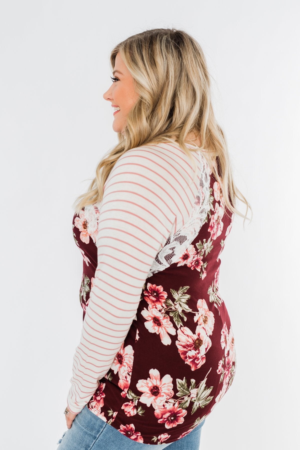 Everything You Need Floral Striped Top- Maroon & Ivory