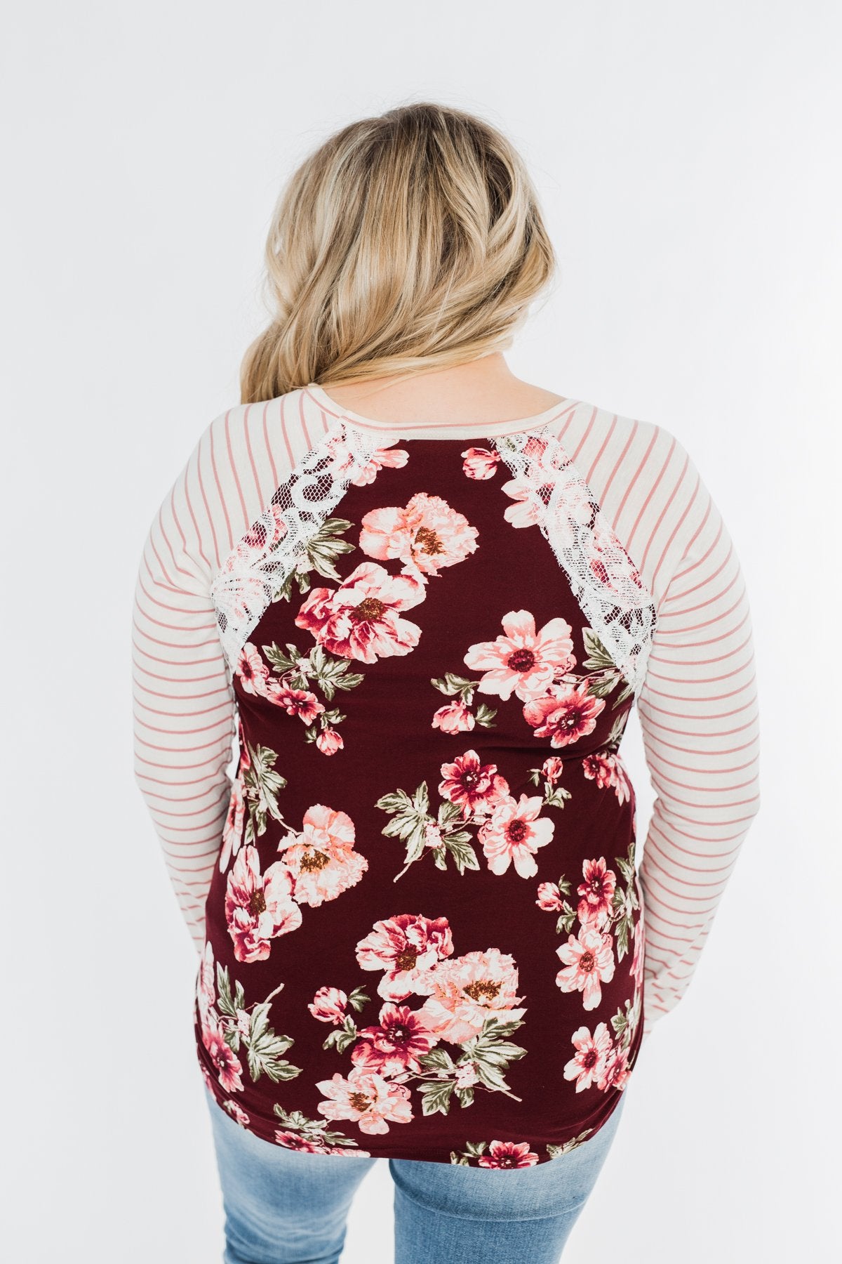 Everything You Need Floral Striped Top- Maroon & Ivory