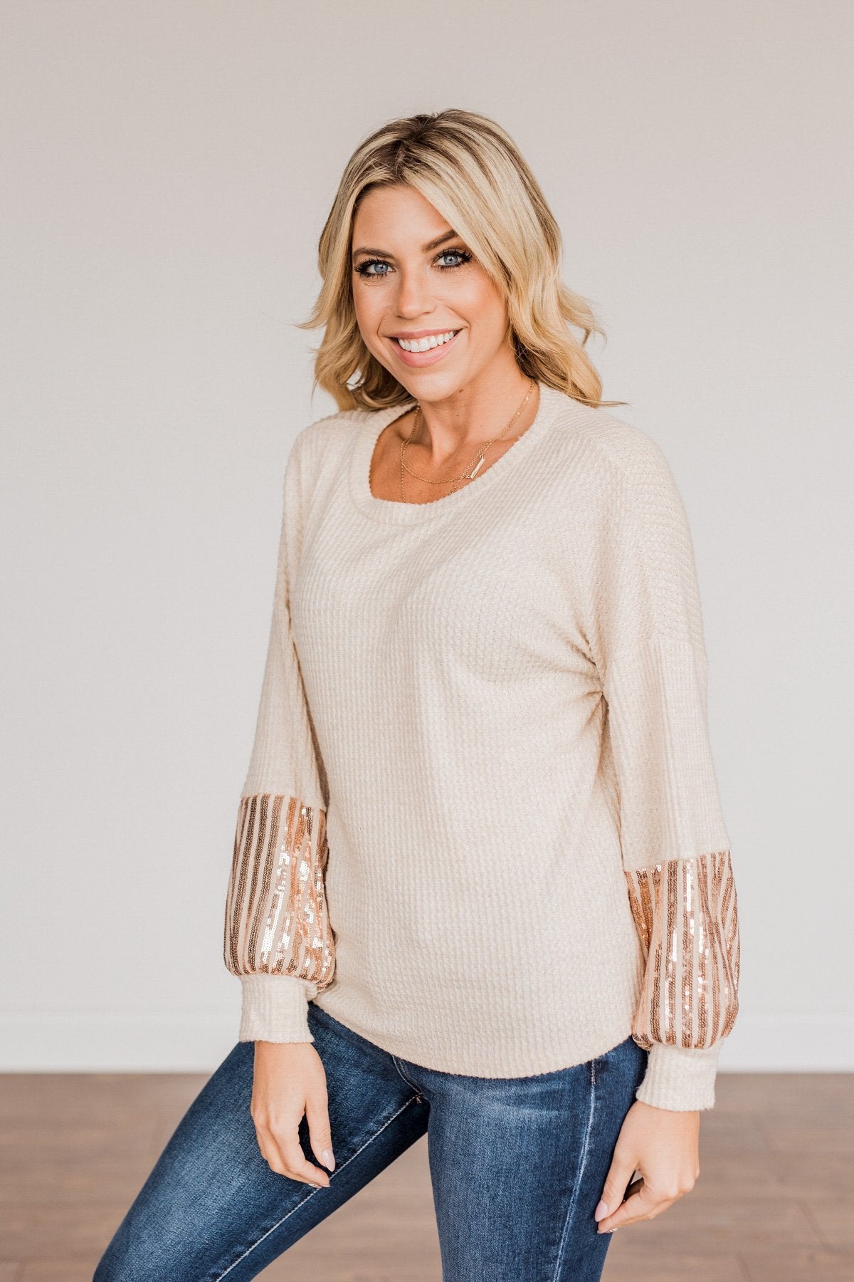 Ready To Sparkle Long Sleeve Top- Taupe