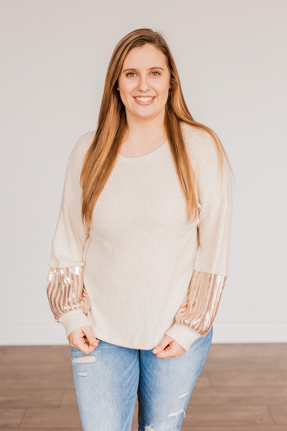 Ready To Sparkle Long Sleeve Top- Taupe