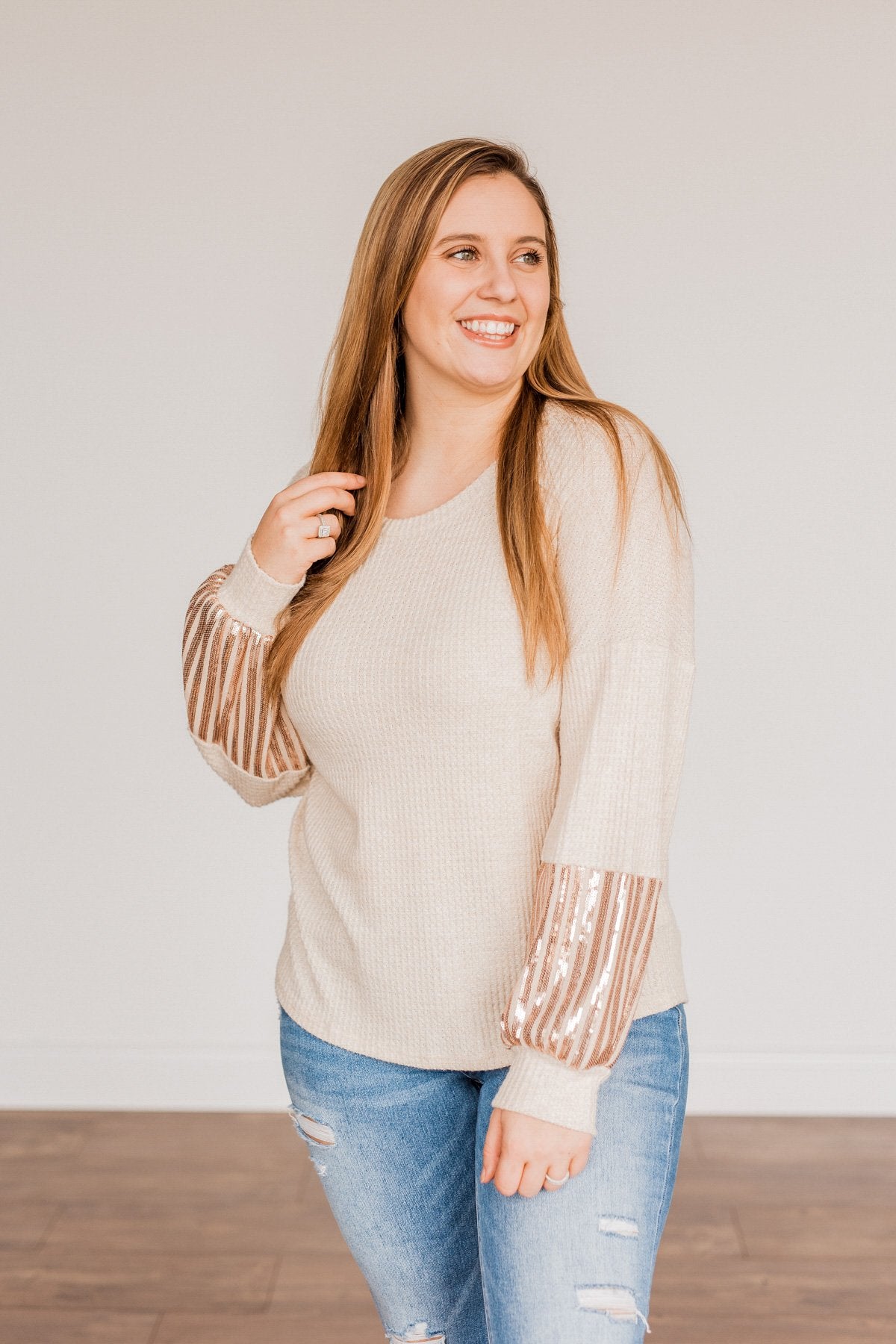 Ready To Sparkle Long Sleeve Top- Taupe