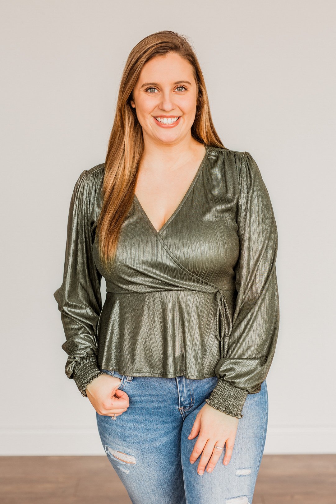 Popping Champagne Shimmering V-Neck Top- Olive