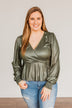 Popping Champagne Shimmering V-Neck Top- Olive