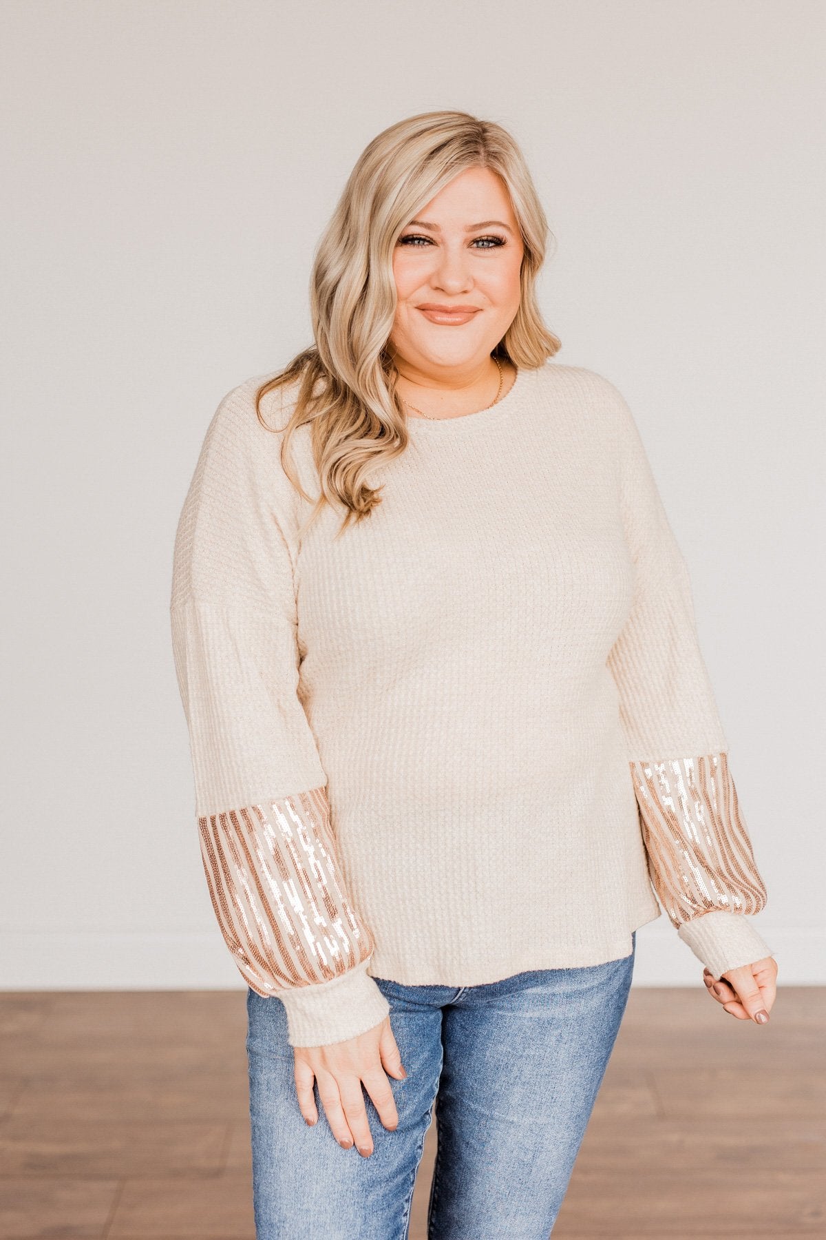 Ready To Sparkle Long Sleeve Top- Taupe