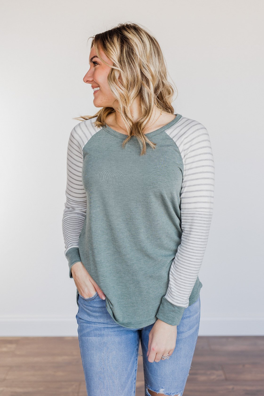 On My Wish List Striped Raglan Top- Olive