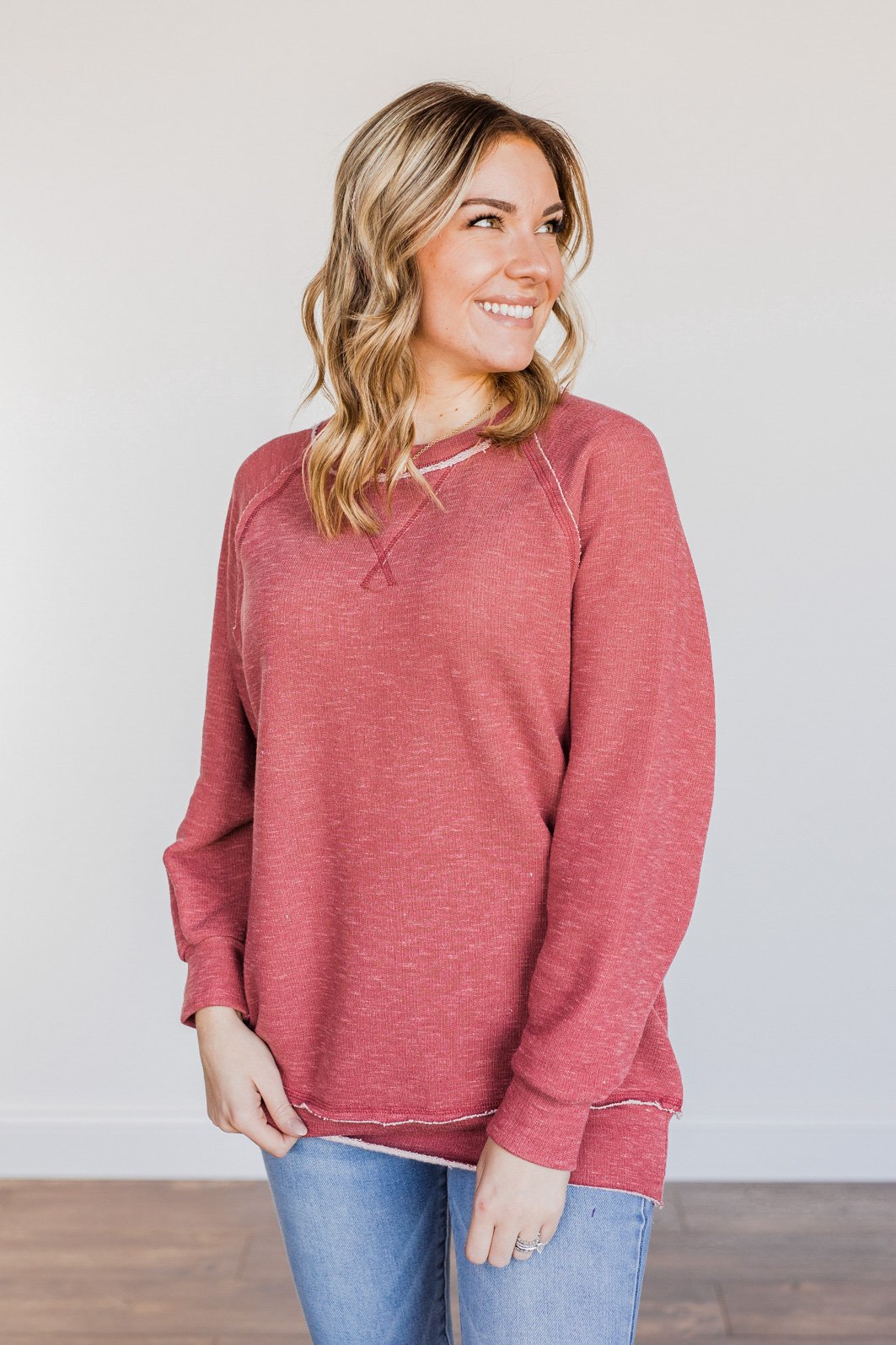 Love Once Lost Raw Hem Long Sleeve Top- Red