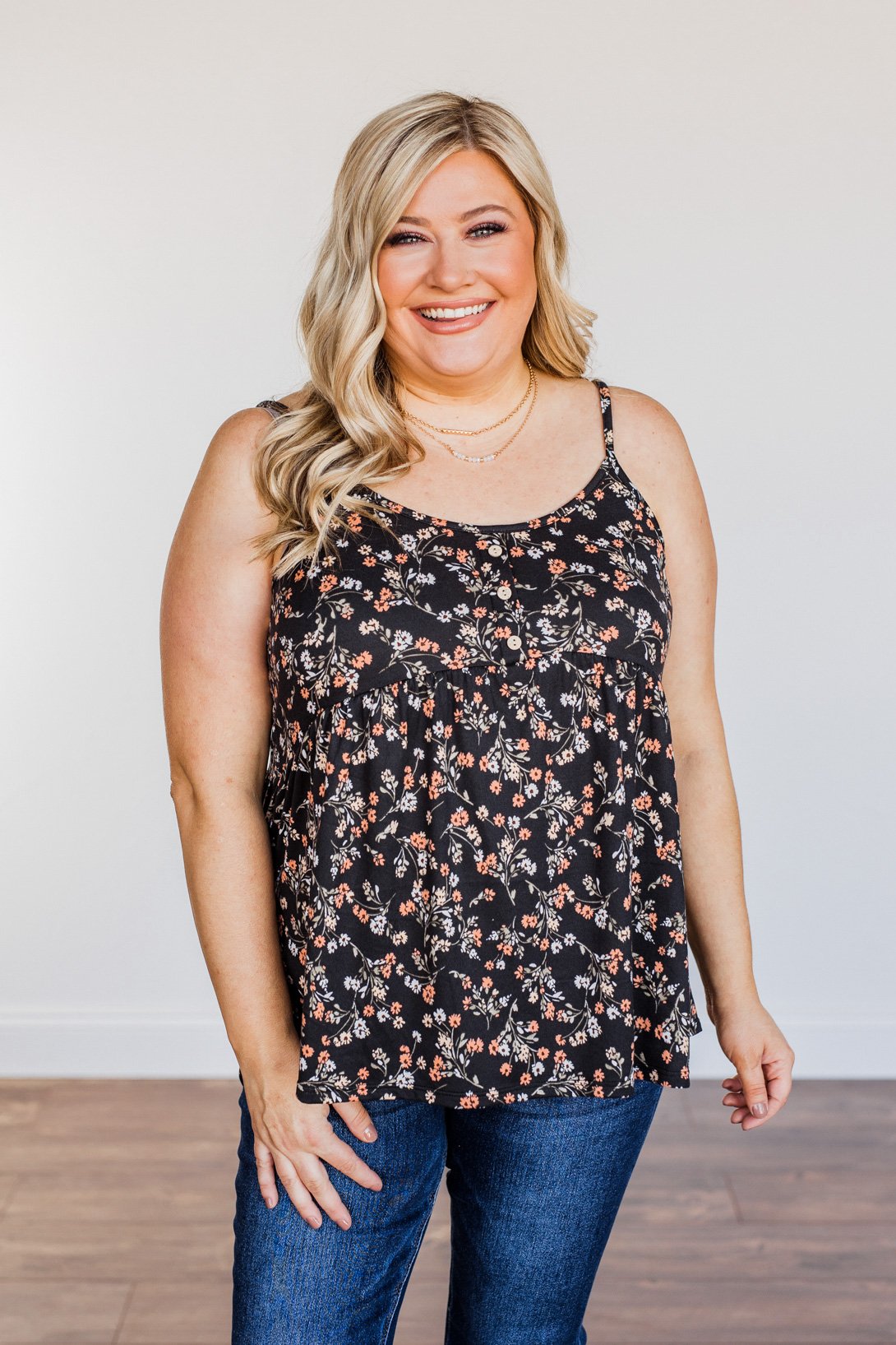 Endless Fields Button Tank Top- Black & Sage