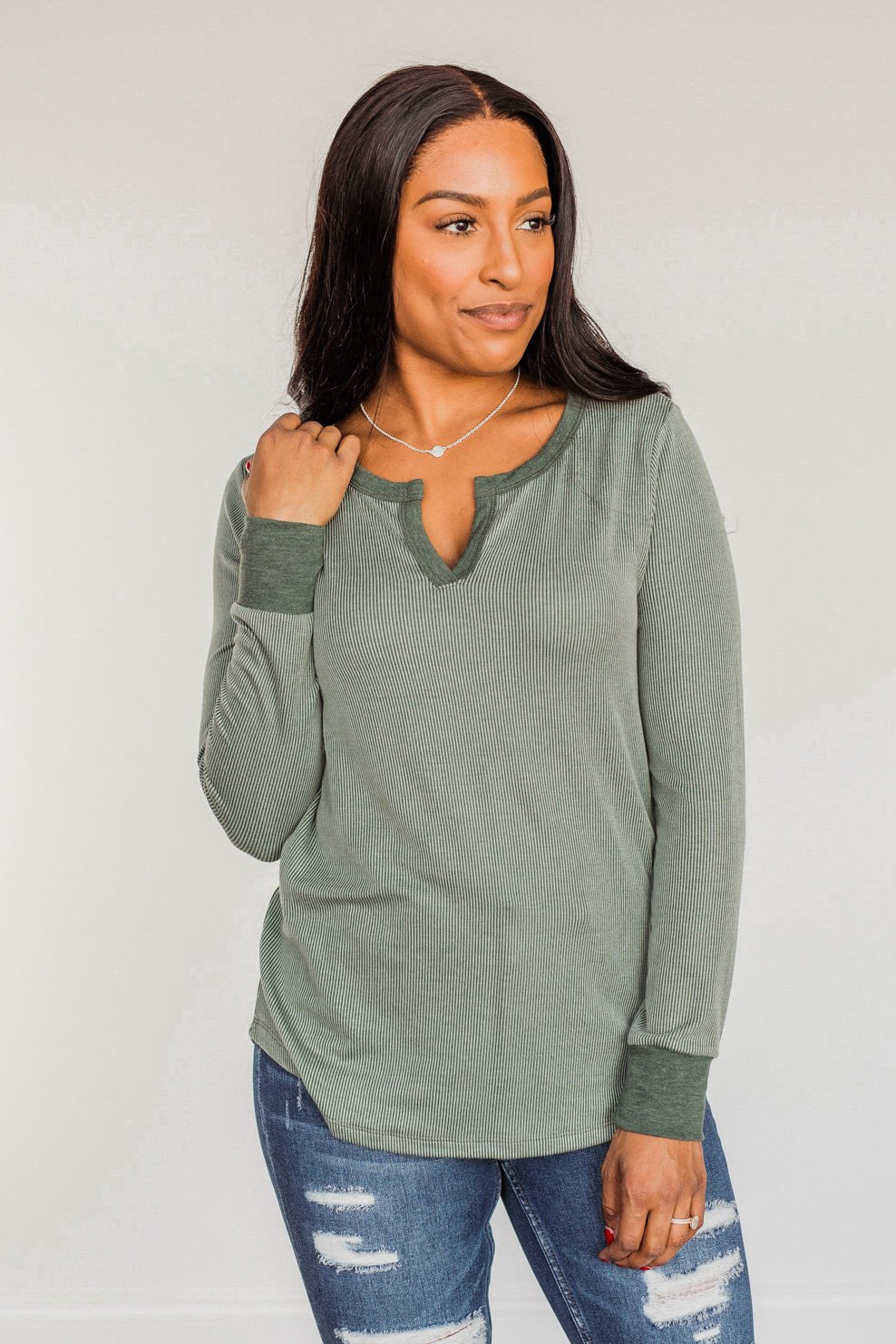 Tied For Love Ribbed Long Sleeve Top- Olive