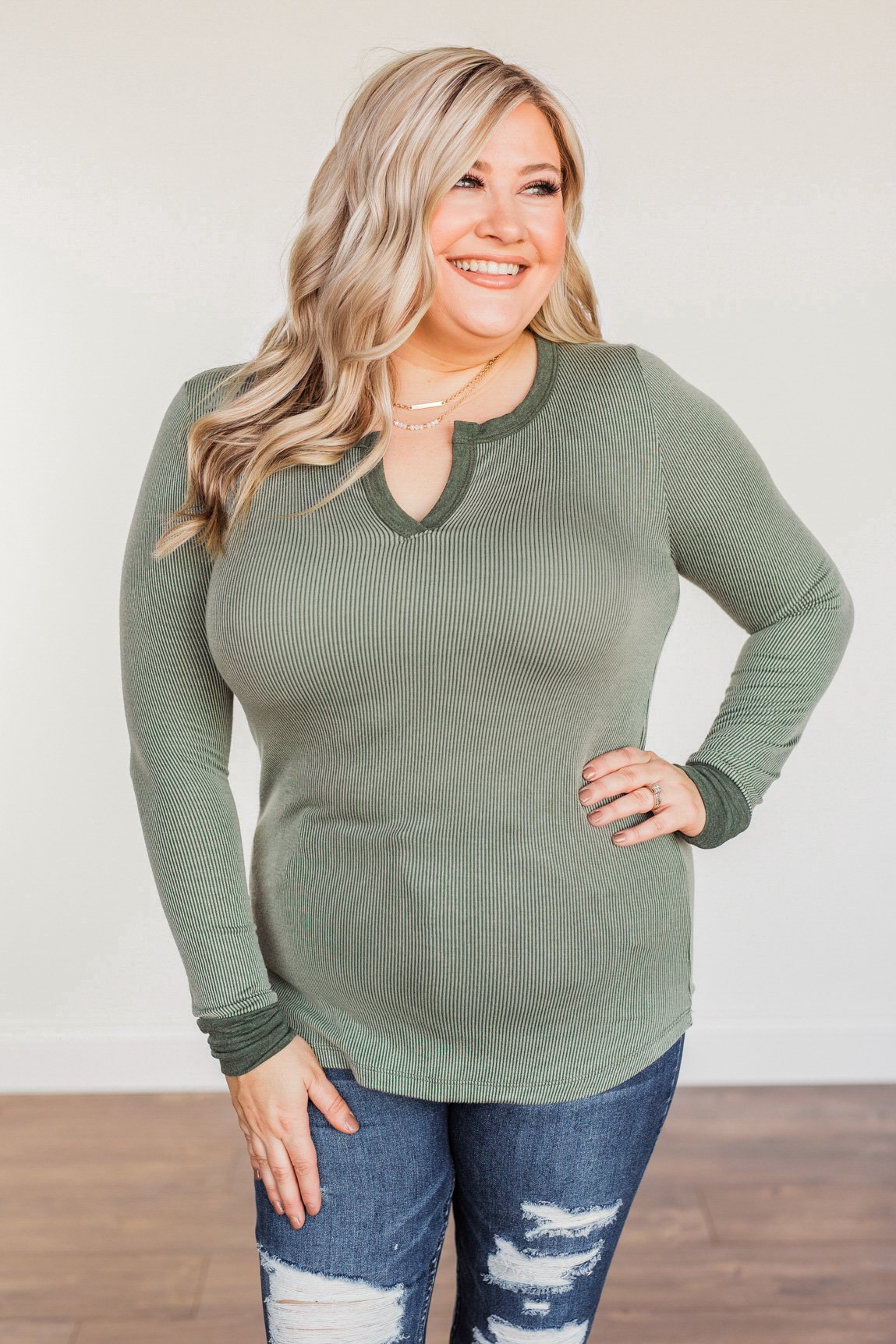 Tied For Love Ribbed Long Sleeve Top- Olive