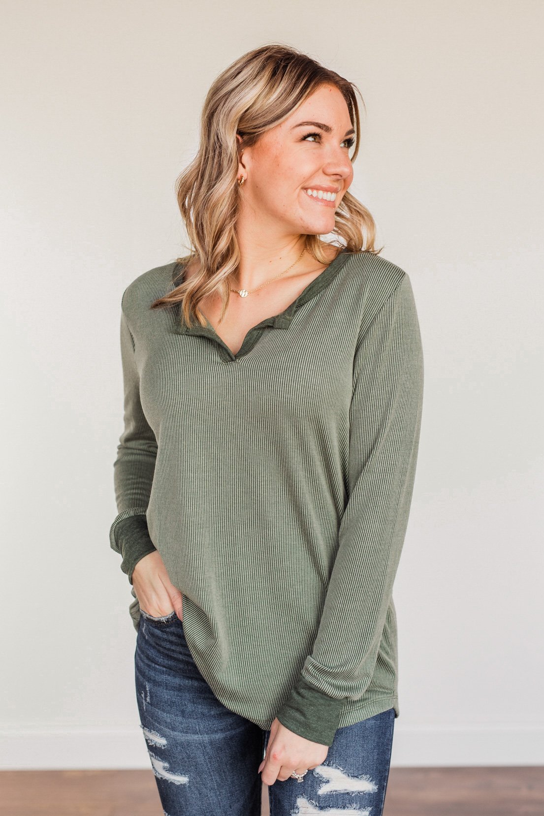 Tied For Love Ribbed Long Sleeve Top- Olive