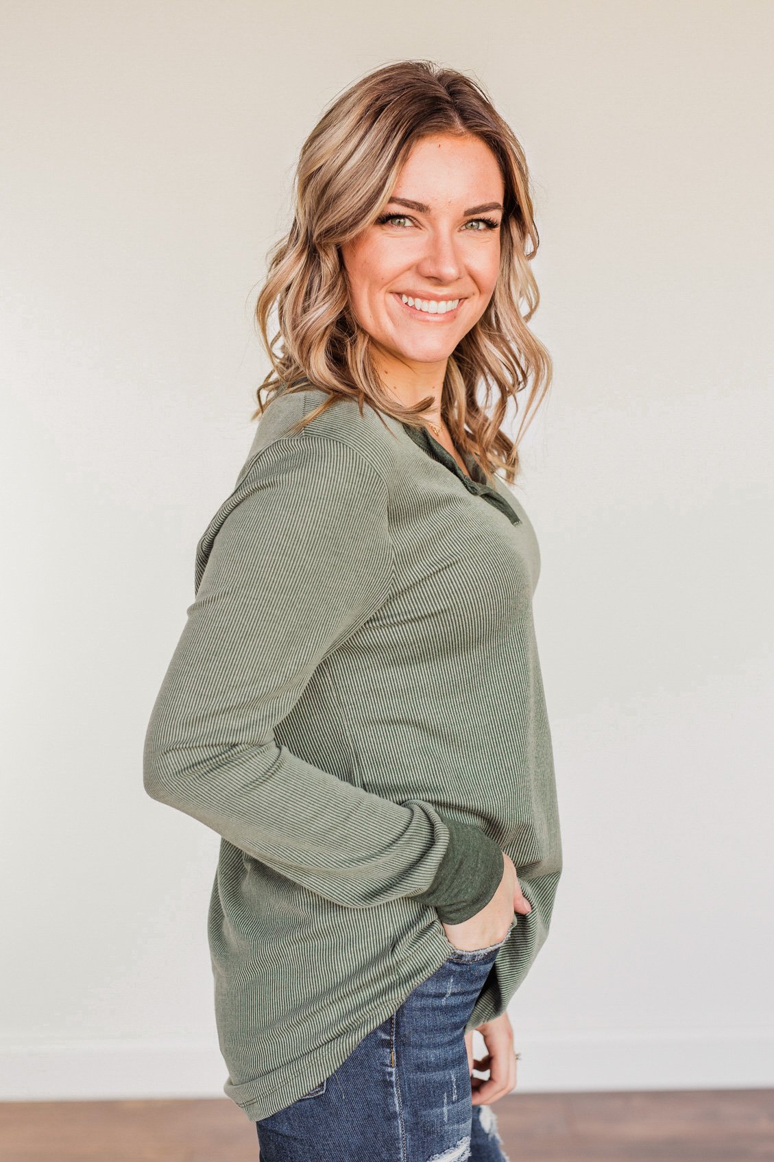 Tied For Love Ribbed Long Sleeve Top- Olive