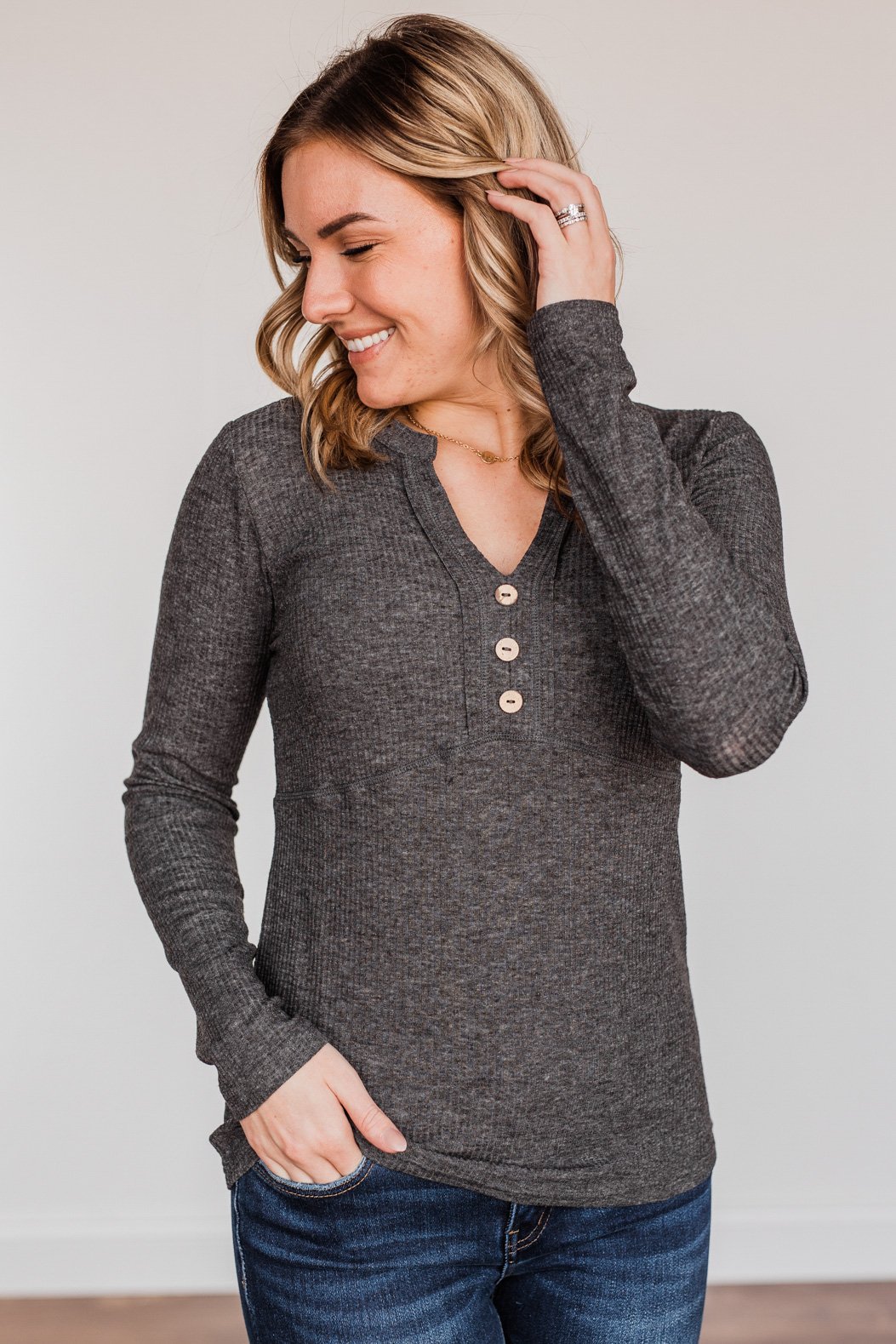 Pure Hearts Button Babydoll Top- Charcoal