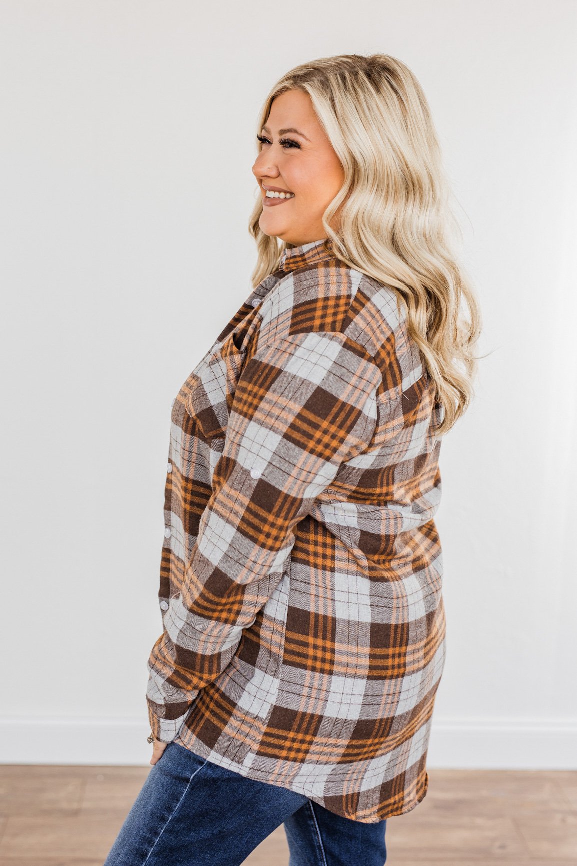 Falling For Your Smile Plaid Flannel- Grey & Brown