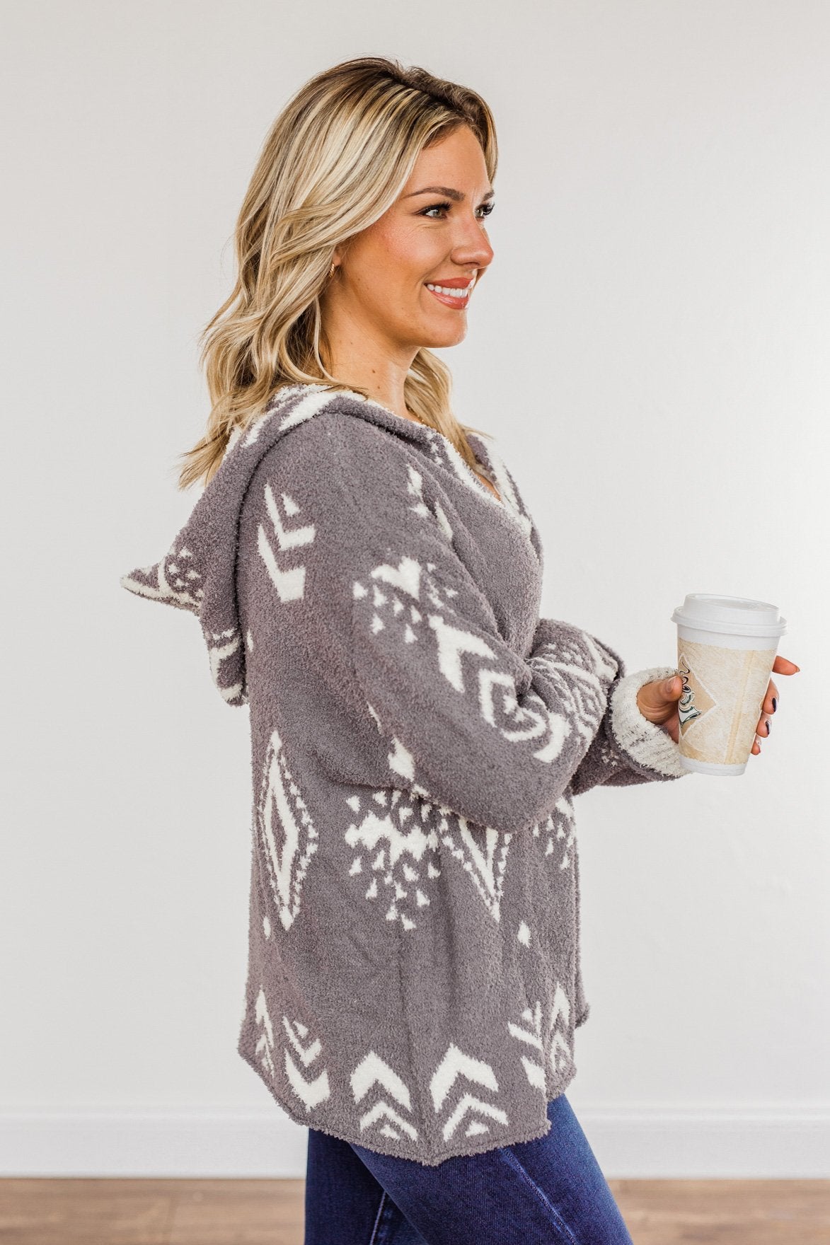 Back At It Hooded Aztec Cardigan- Grey