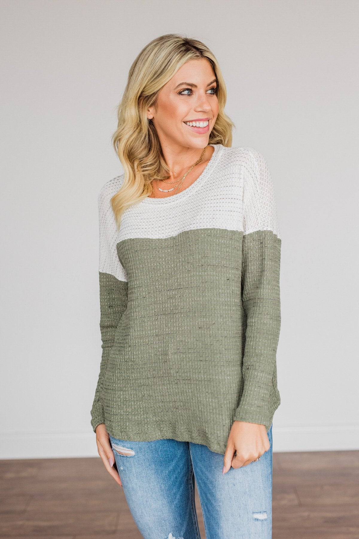 On To Better Things Knit Long Sleeve Top- Olive & Ivory