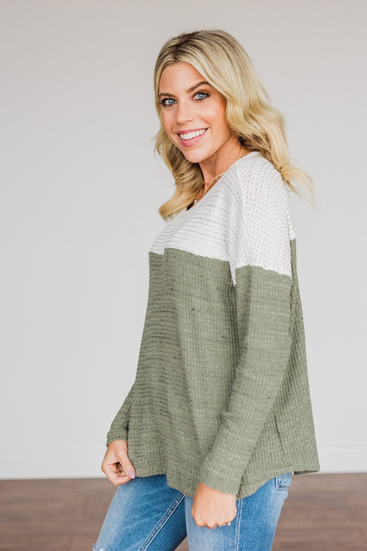 On To Better Things Knit Long Sleeve Top- Olive & Ivory