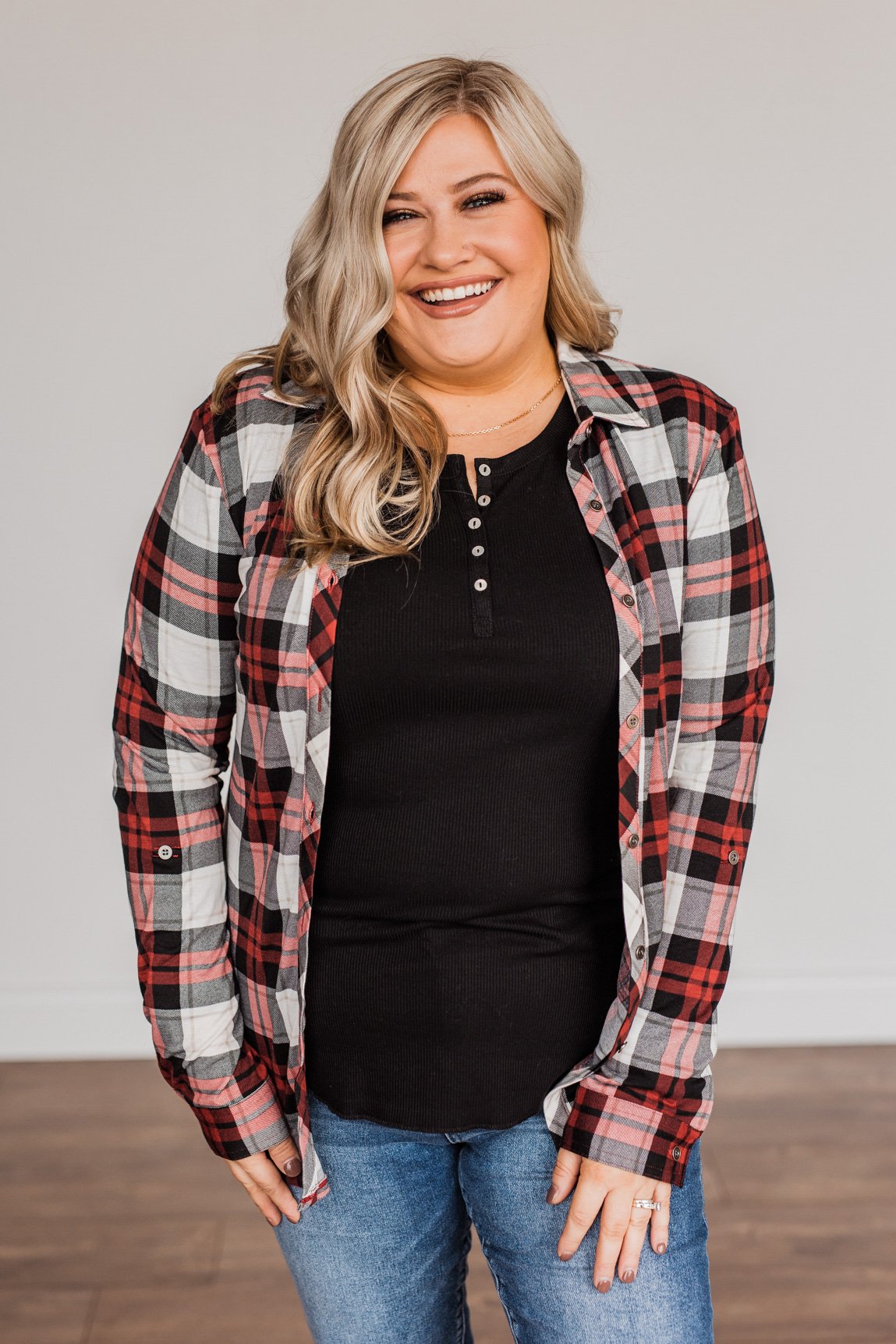 Holiday Feels Plaid Button Down- Red, Ivory & Black