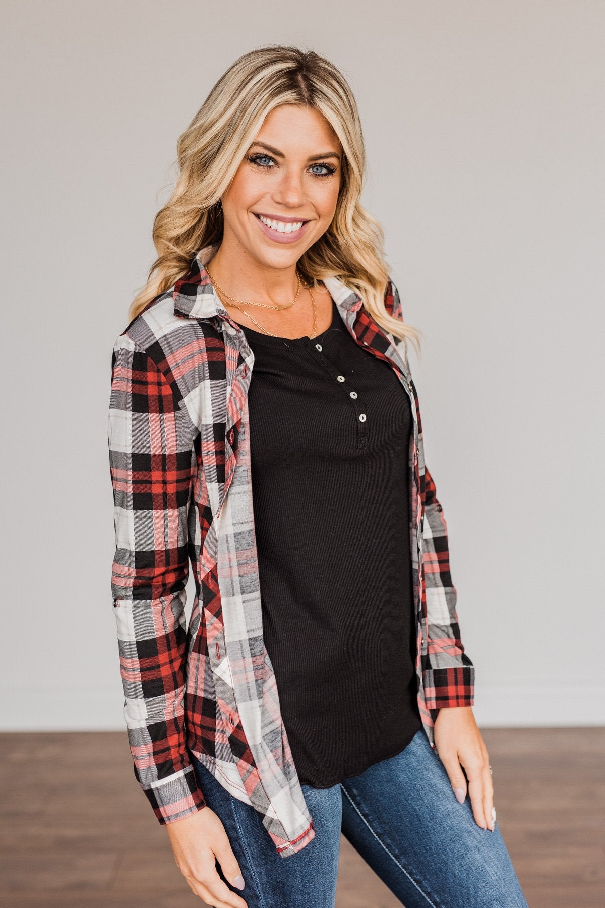 Holiday Feels Plaid Button Down- Red, Ivory & Black