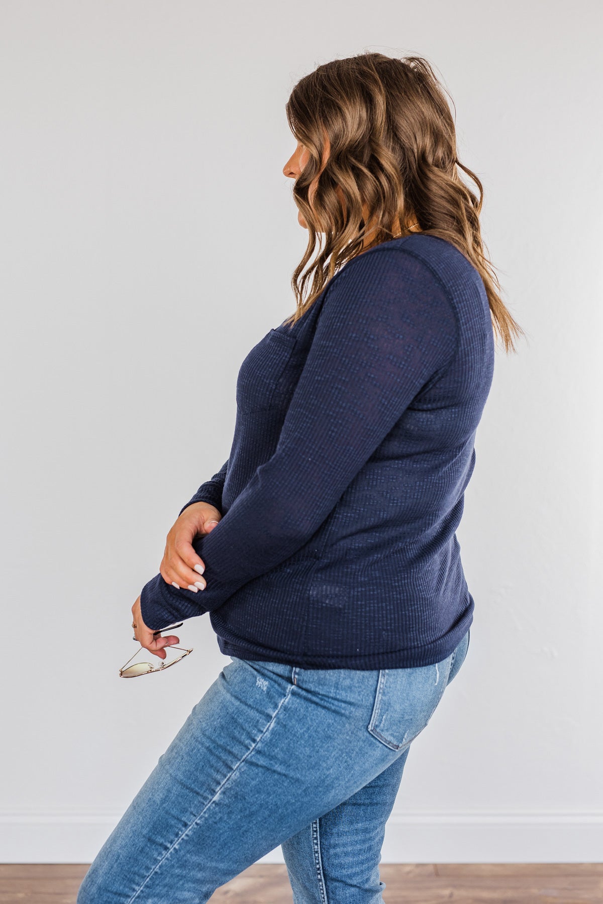 Slowing Things Down Pocket Long Sleeve Top- Navy