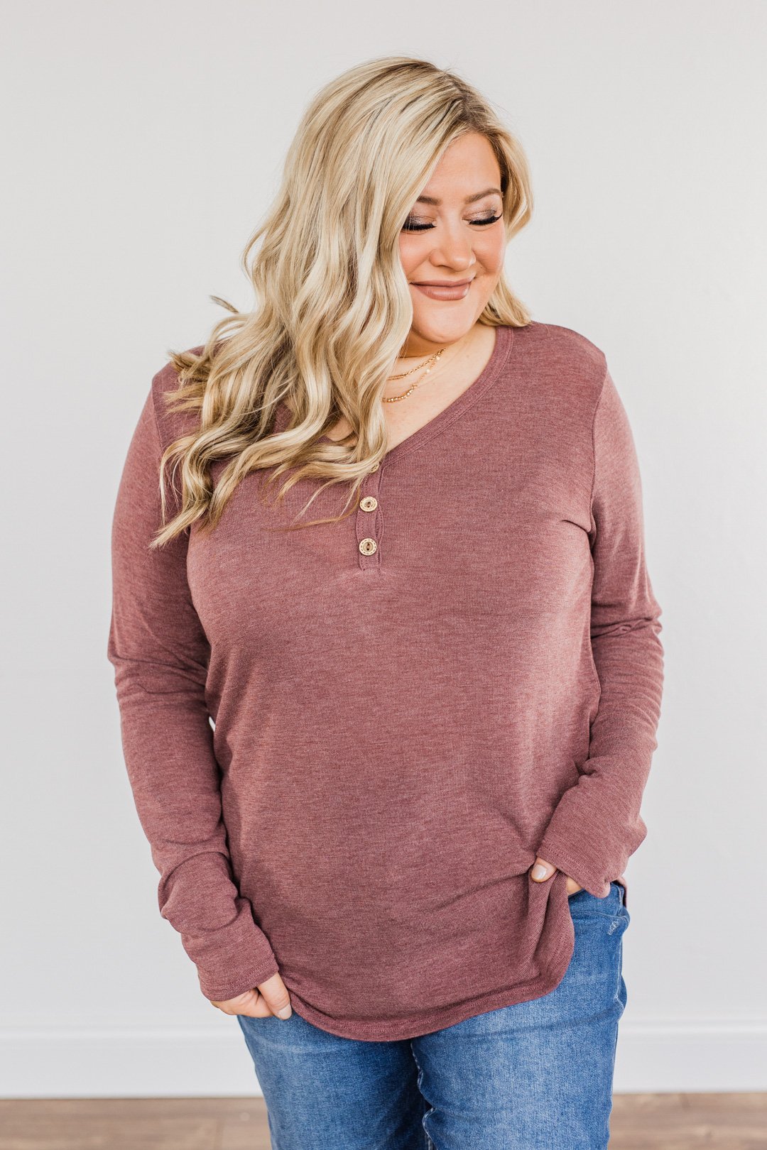 Limitless Moments Long Sleeve Button Top- Burgundy
