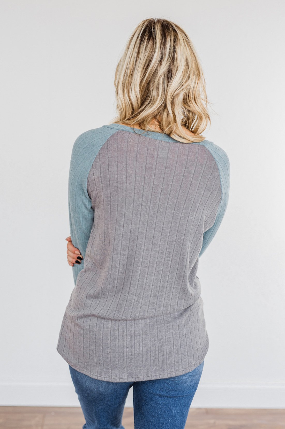 Figure Me Out V-Neck Top- Grey & Blue
