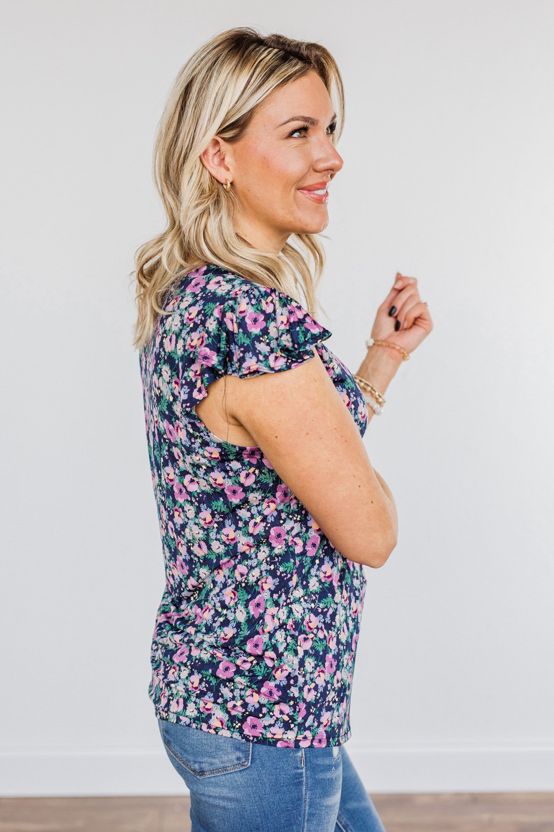 Dance Through The Petals Floral Top- Navy