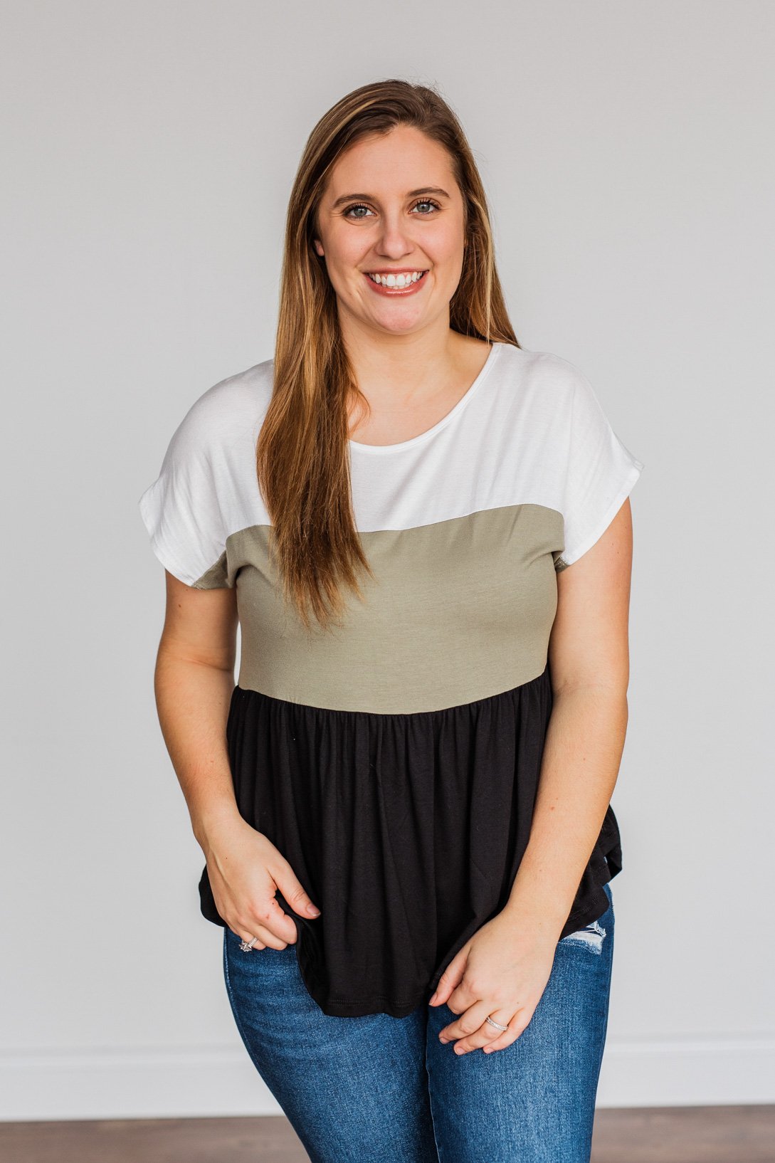 Step Aside Short Sleeve Color Block Top- Olive