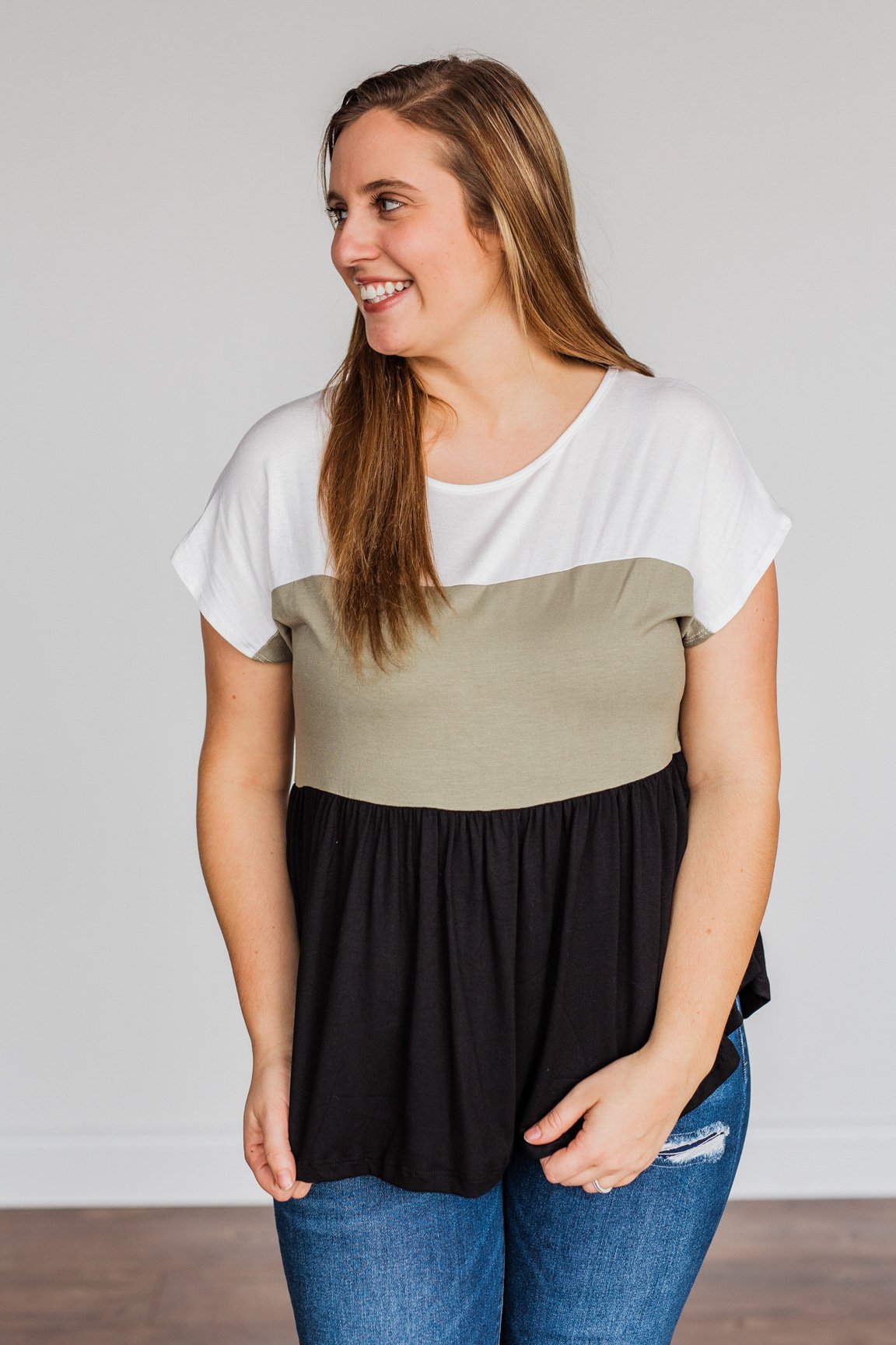 Step Aside Short Sleeve Color Block Top- Olive