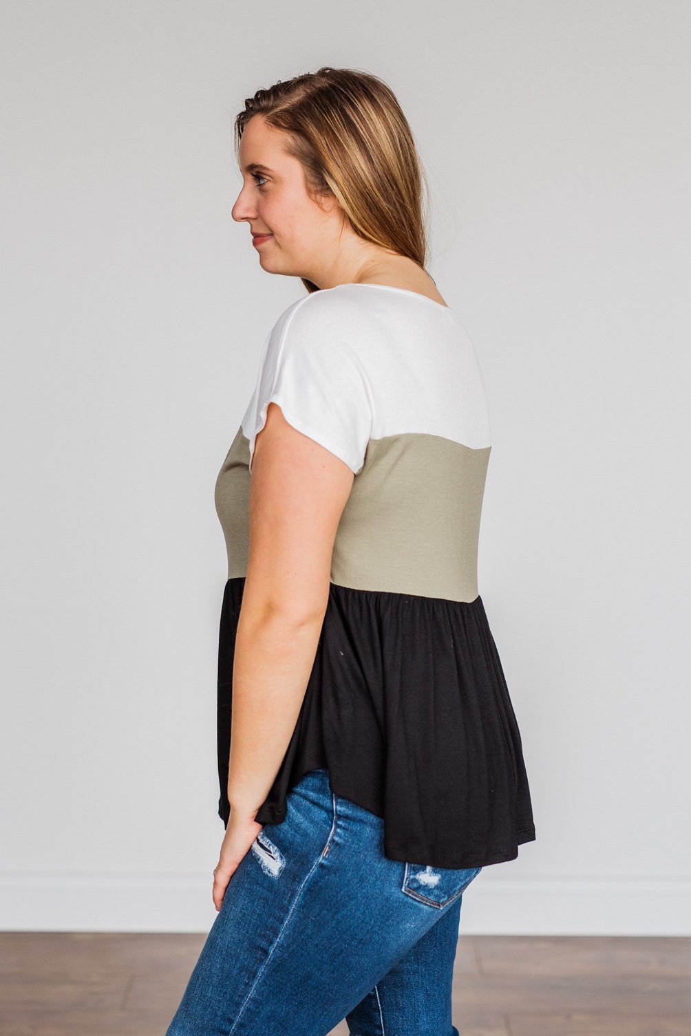Step Aside Short Sleeve Color Block Top- Olive
