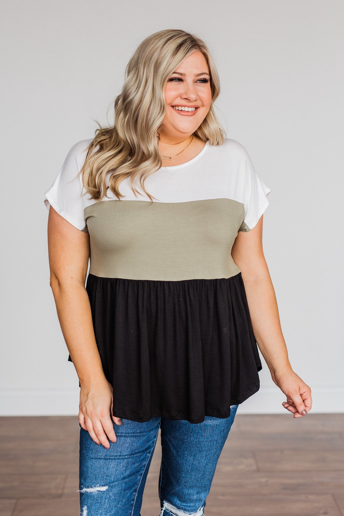 Step Aside Short Sleeve Color Block Top- Olive