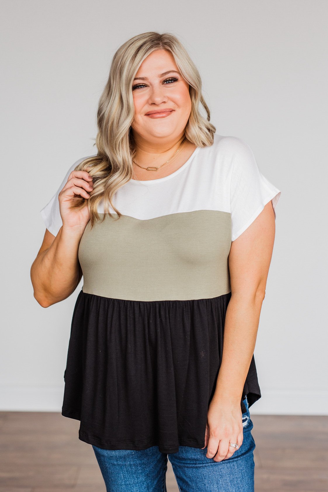 Step Aside Short Sleeve Color Block Top- Olive
