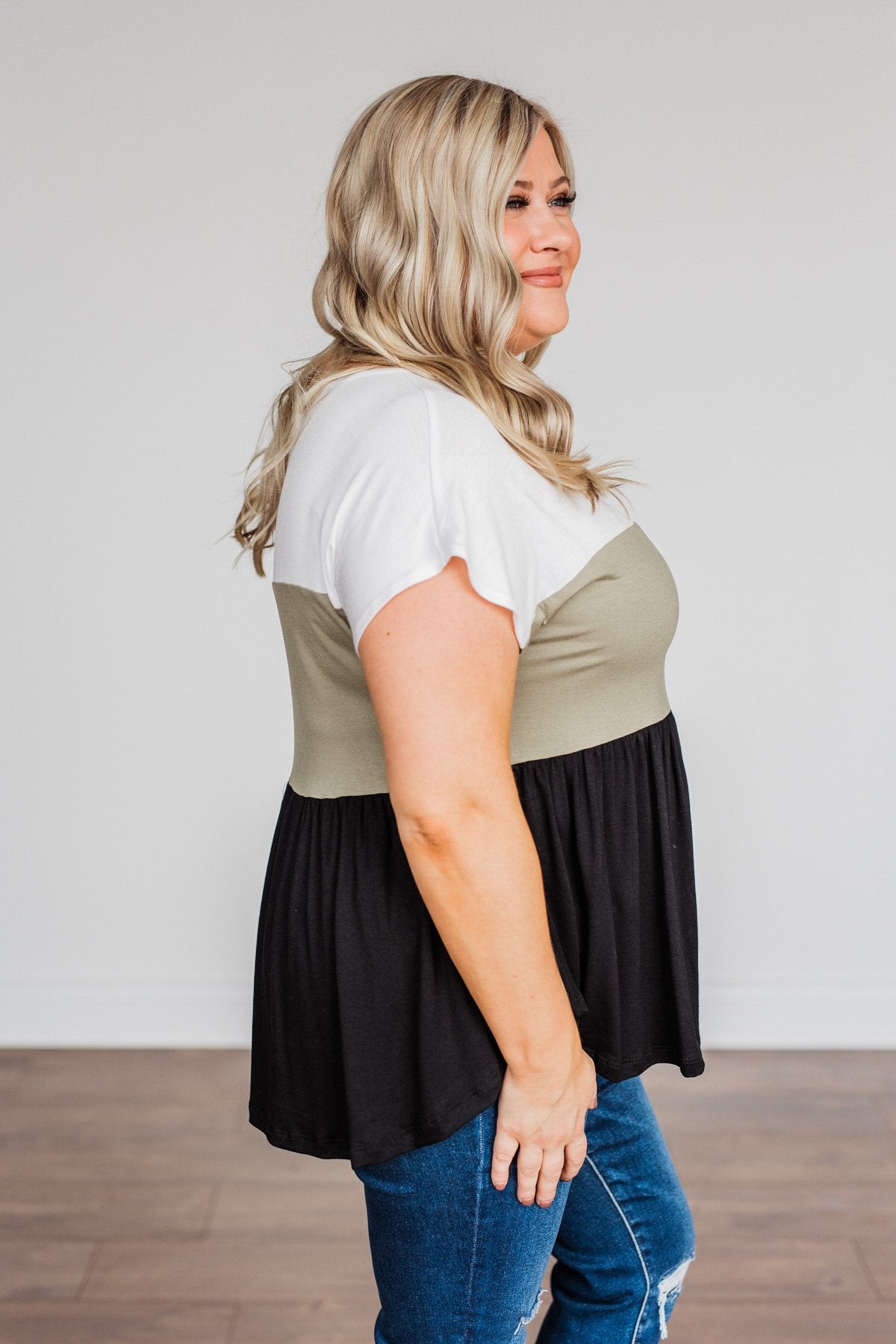 Step Aside Short Sleeve Color Block Top- Olive
