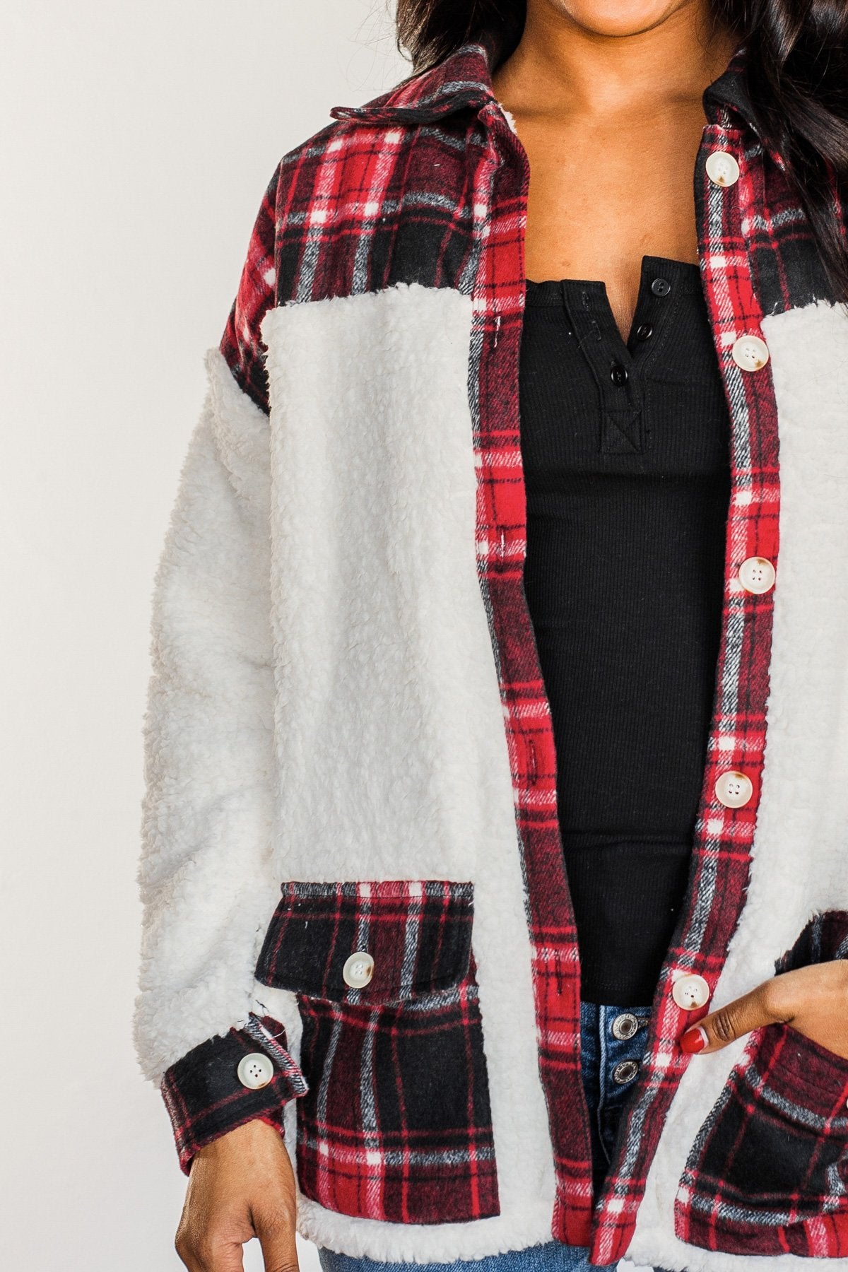 Living For This Moment Plaid Button Sherpa- Ivory