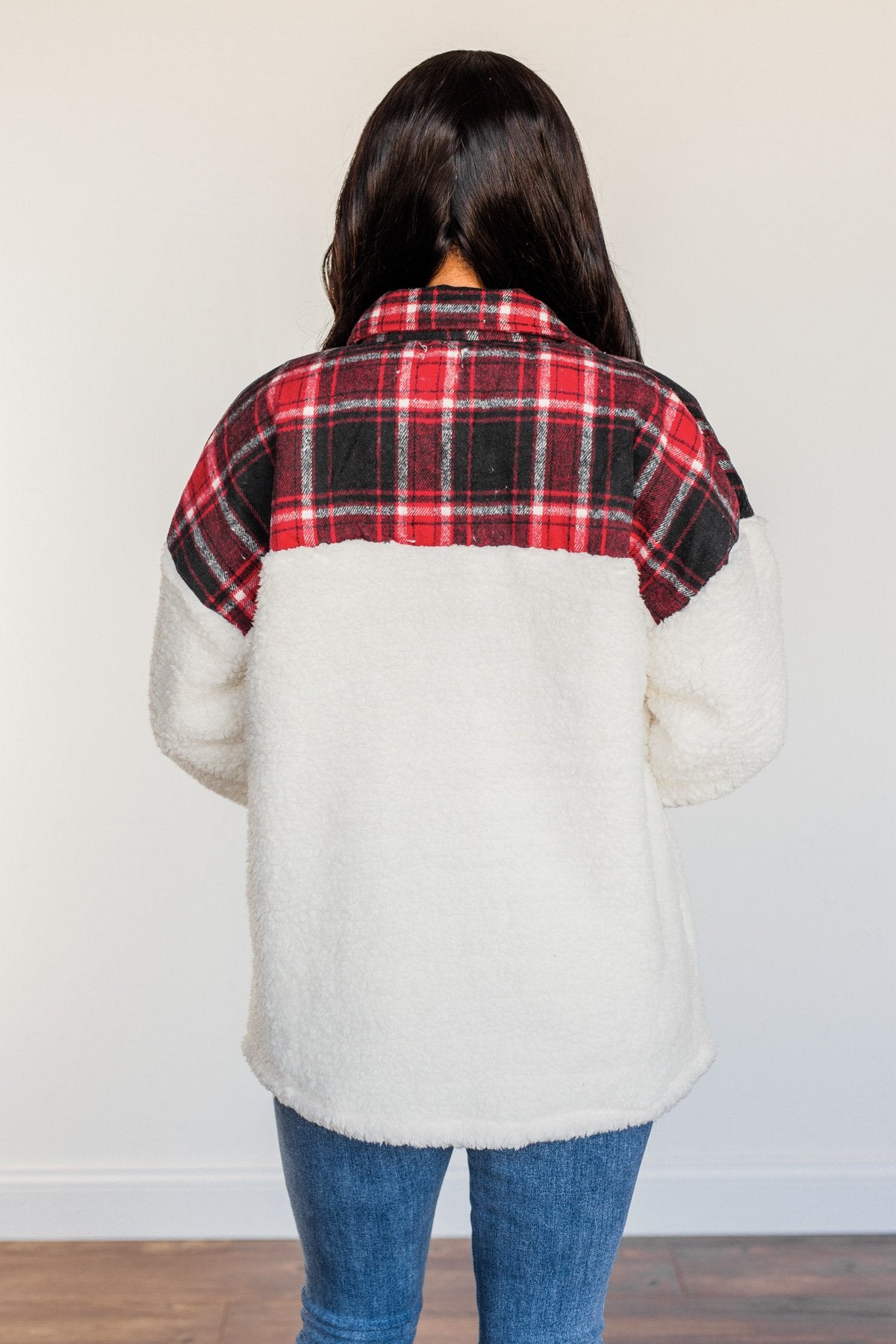 Living For This Moment Plaid Button Sherpa- Ivory