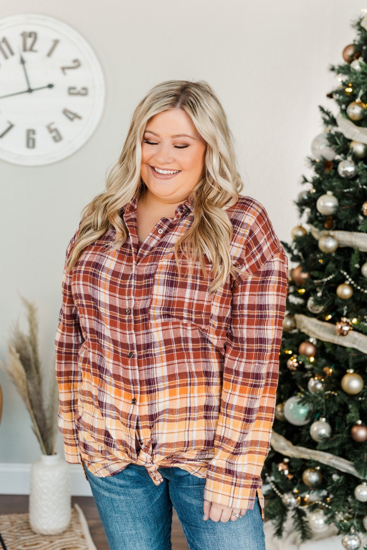 True To Me Long Sleeve Plaid Top- Brick, Rust & Golden Yellow