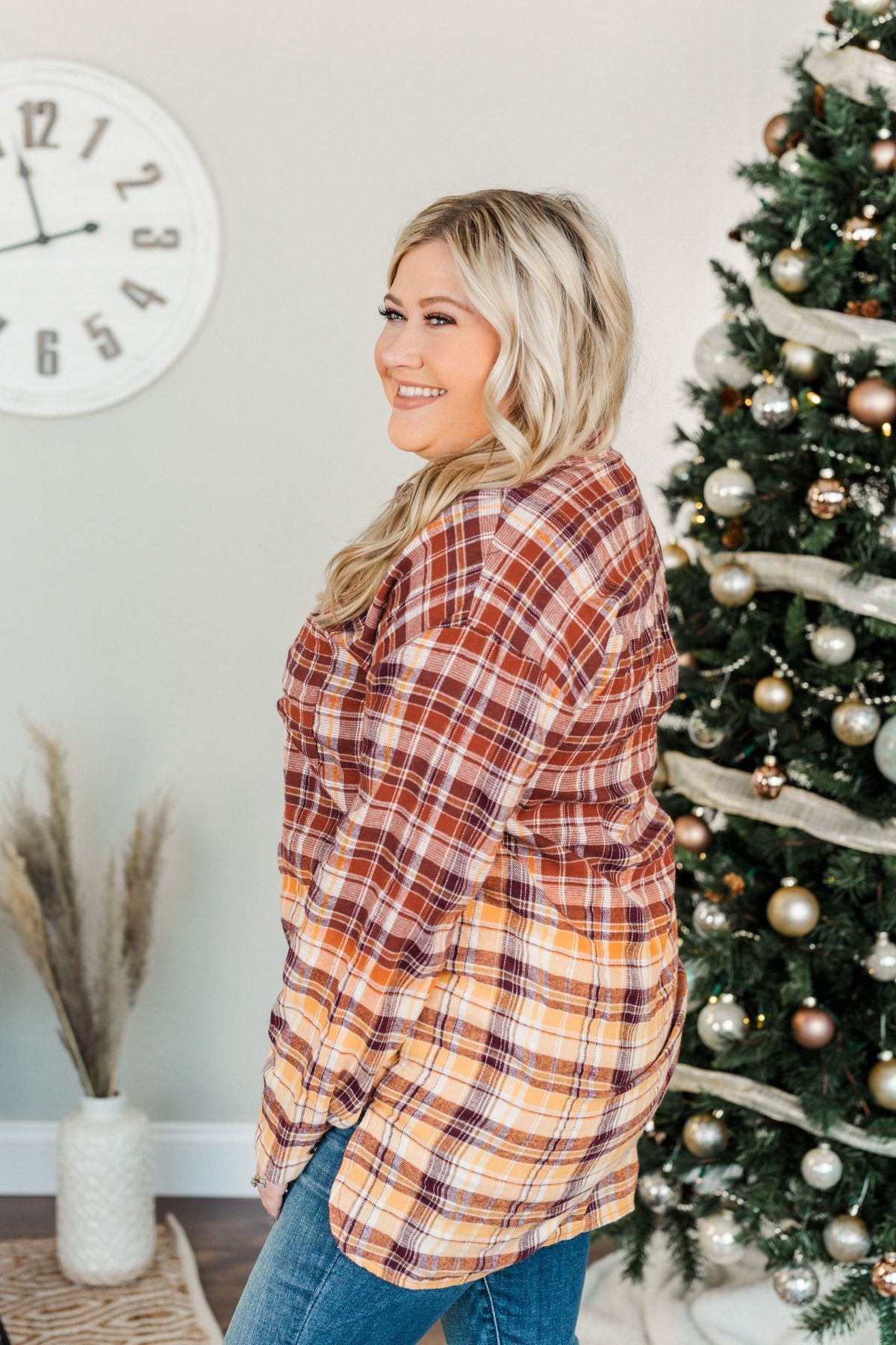 True To Me Long Sleeve Plaid Top- Brick, Rust & Golden Yellow