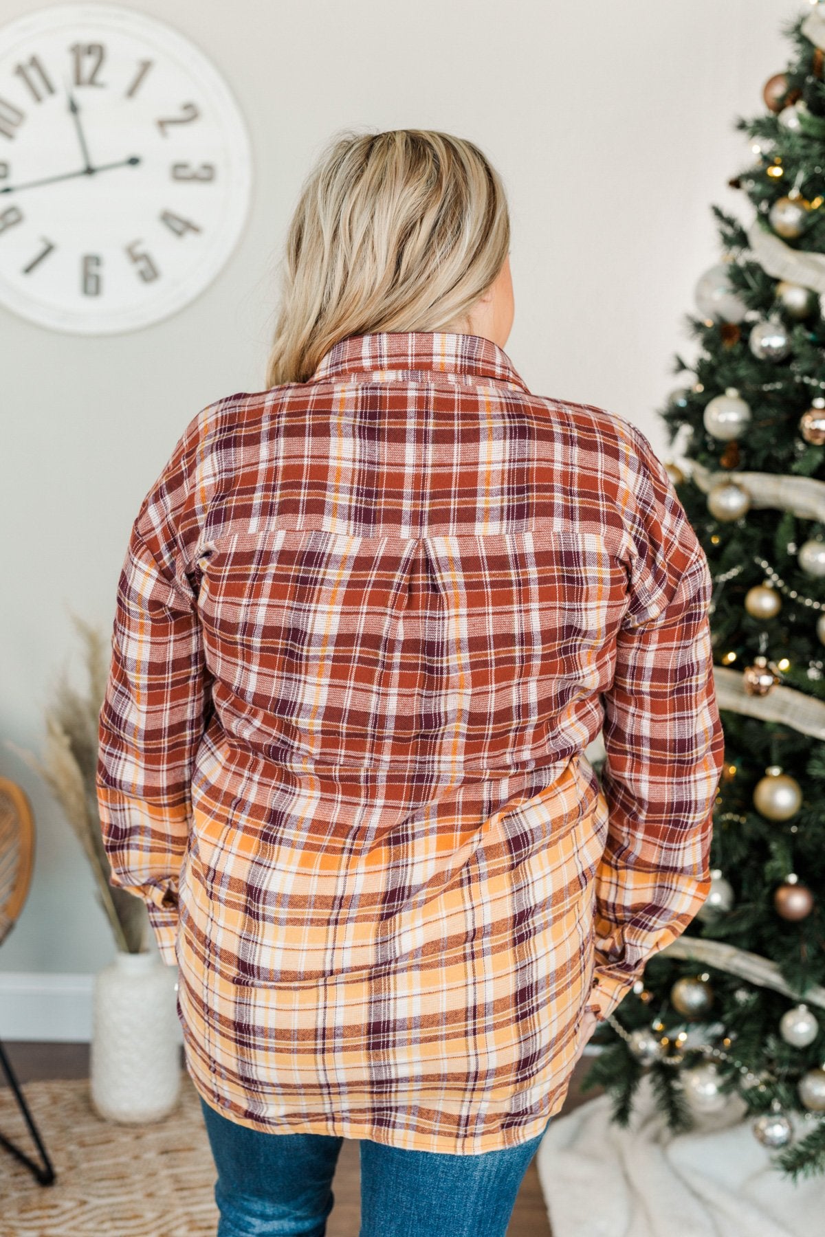 True To Me Long Sleeve Plaid Top- Brick, Rust & Golden Yellow