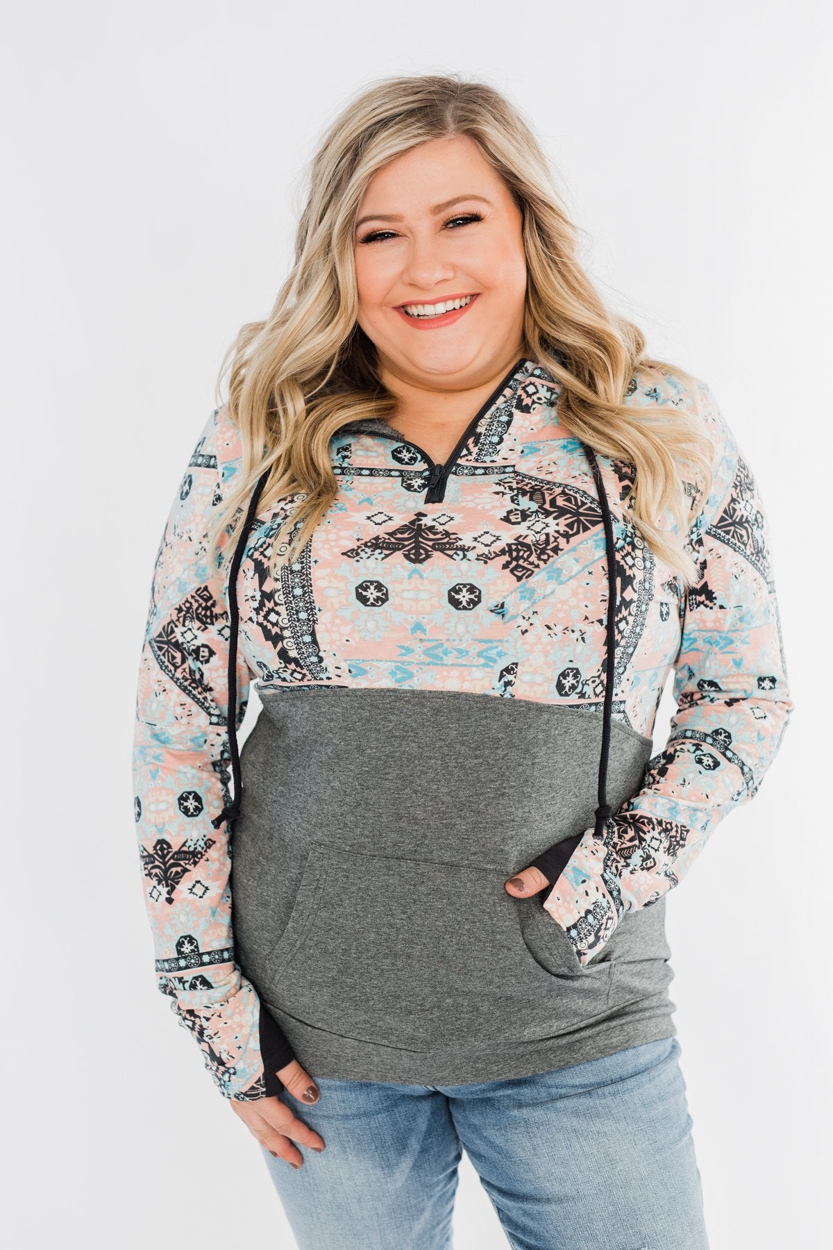 Quarter Zip Damask Hoodie- Grey & Peach Tones